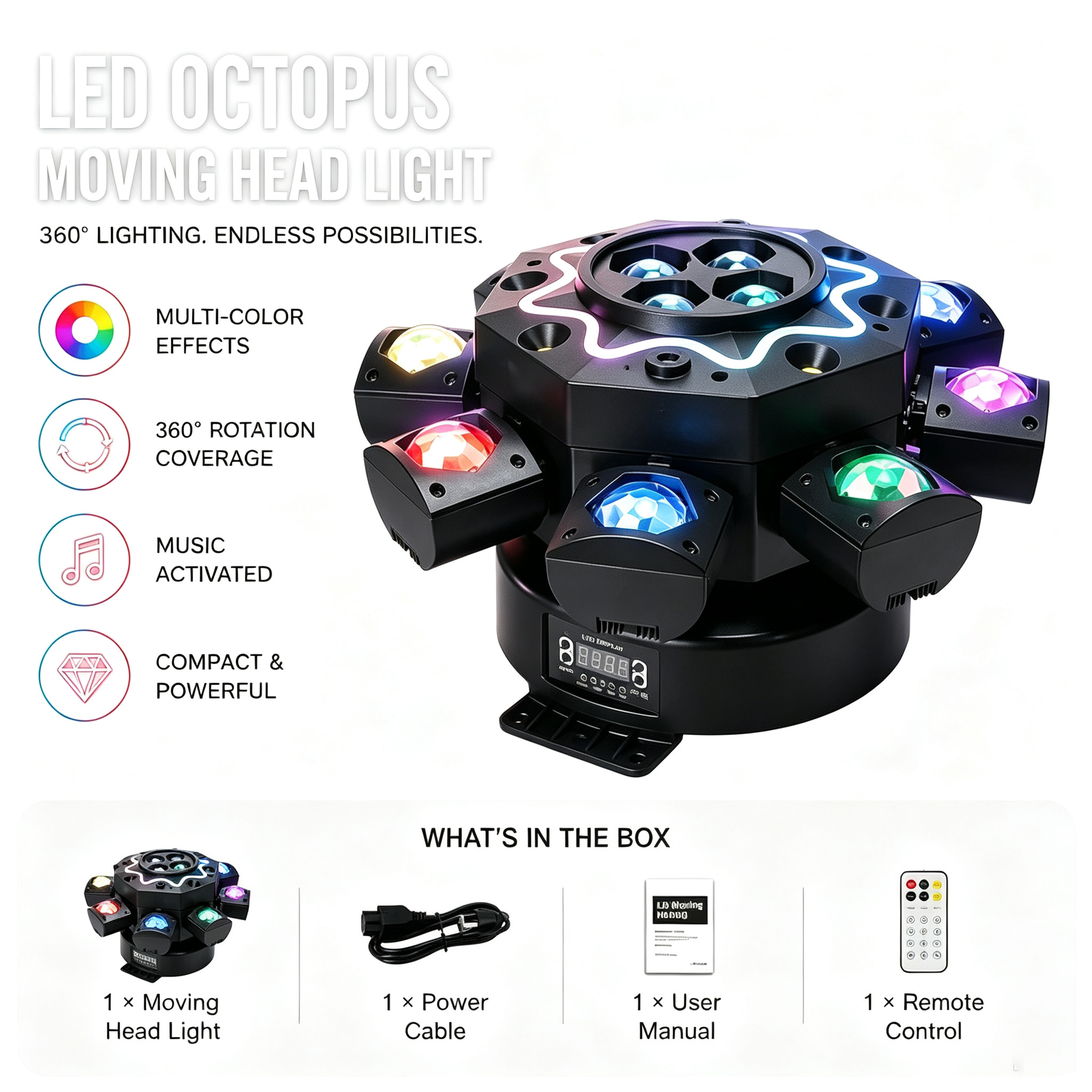 200W Bienenauge 8-Arm Moving Head Licht, DJ-Bühnenbeleuchtung mit DMX512-Unterstützung, RGBW 4-in-1 LED-Partylight mit Fernbedienung für Hochzeiten, Bars, Clubs und Discos