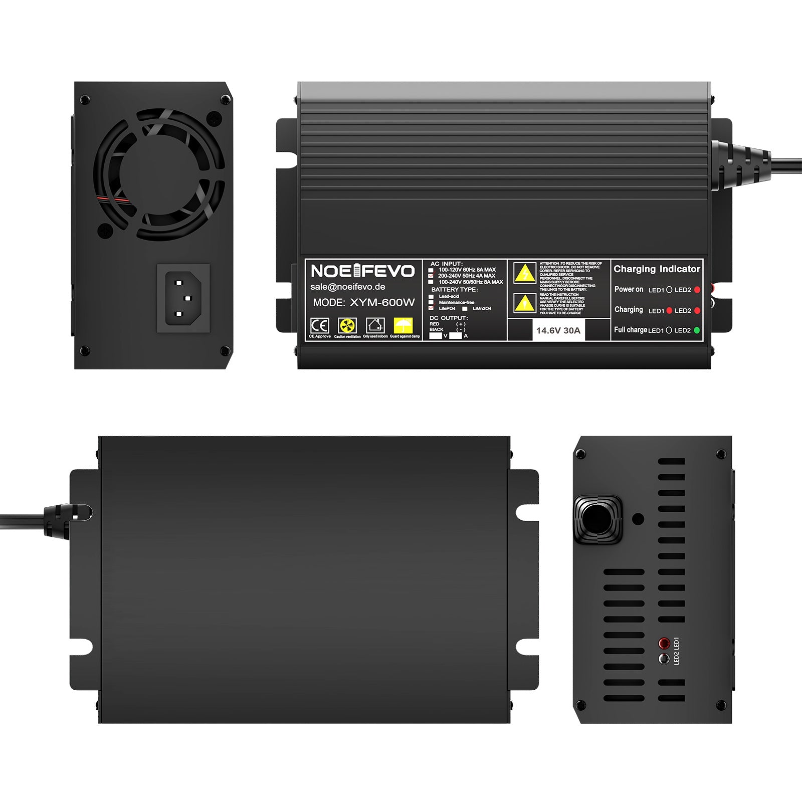 Noeifevo 12V 12.8V 30A LiFePO4 batteriladdare, 14.6V laddare för LiFePO4 batteri