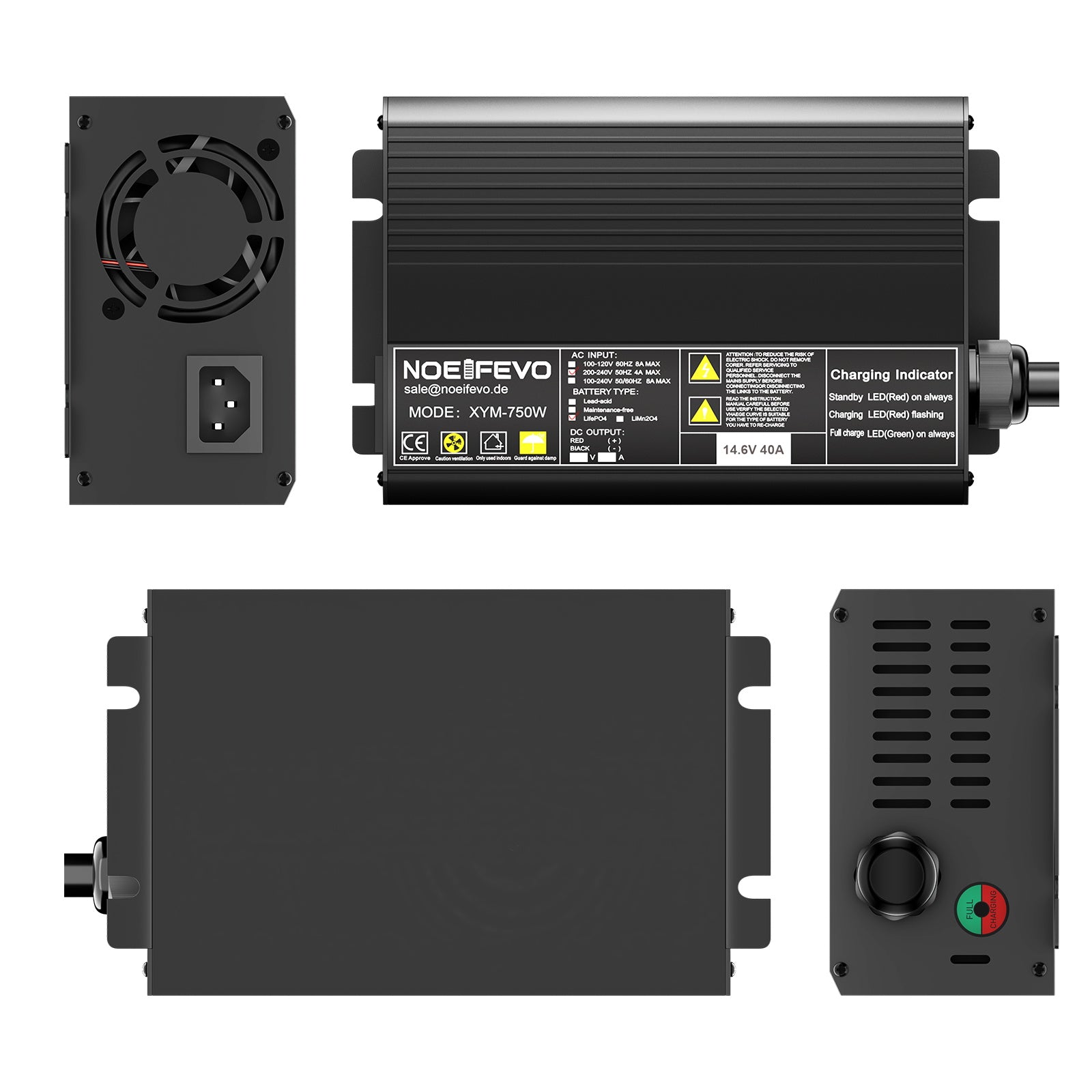 Noeifevo 14.6V 40A LiFePO4 Cargador de batería para 12V(12.8V) LiFePO4 Batería