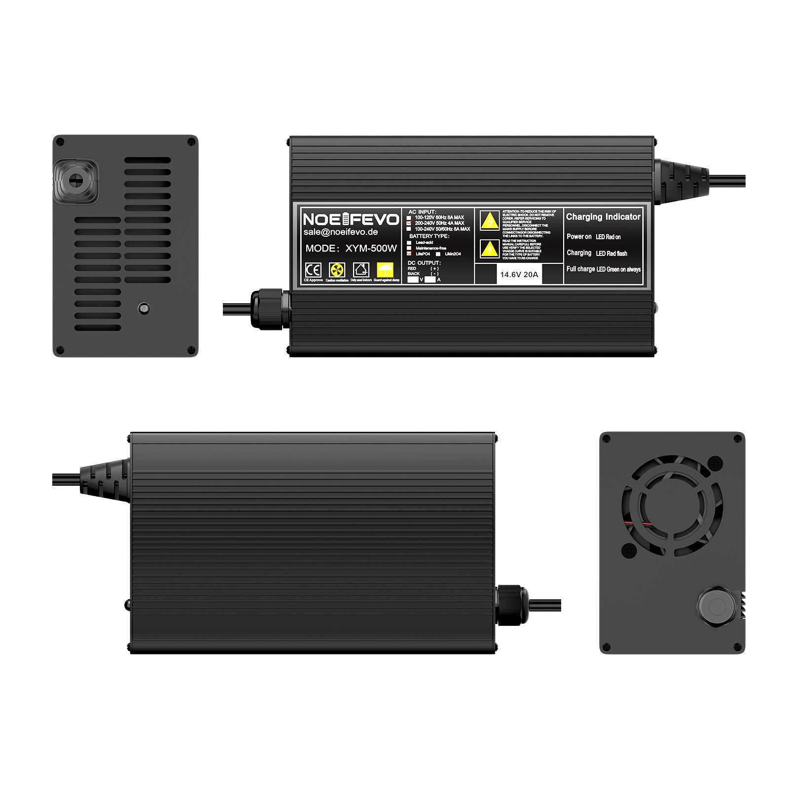 Noeifevo 14,6V 20A LiFePO4-akkulaturi 12V 12,8V LiFePO4-litiumakulle, 0V BMS-aktivointi, automaattinen sammutus, alumiiniseoskotelo