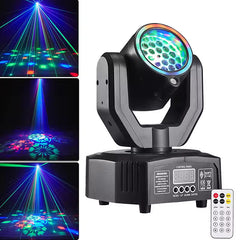 36W partylampe, bevægelig spot med lysstrålemønster, RGB fuldfarve, DMX-styring, stemmestyring, stroboskopeffekt, egnet til DJs, diskoteker, familiefester og jul.
