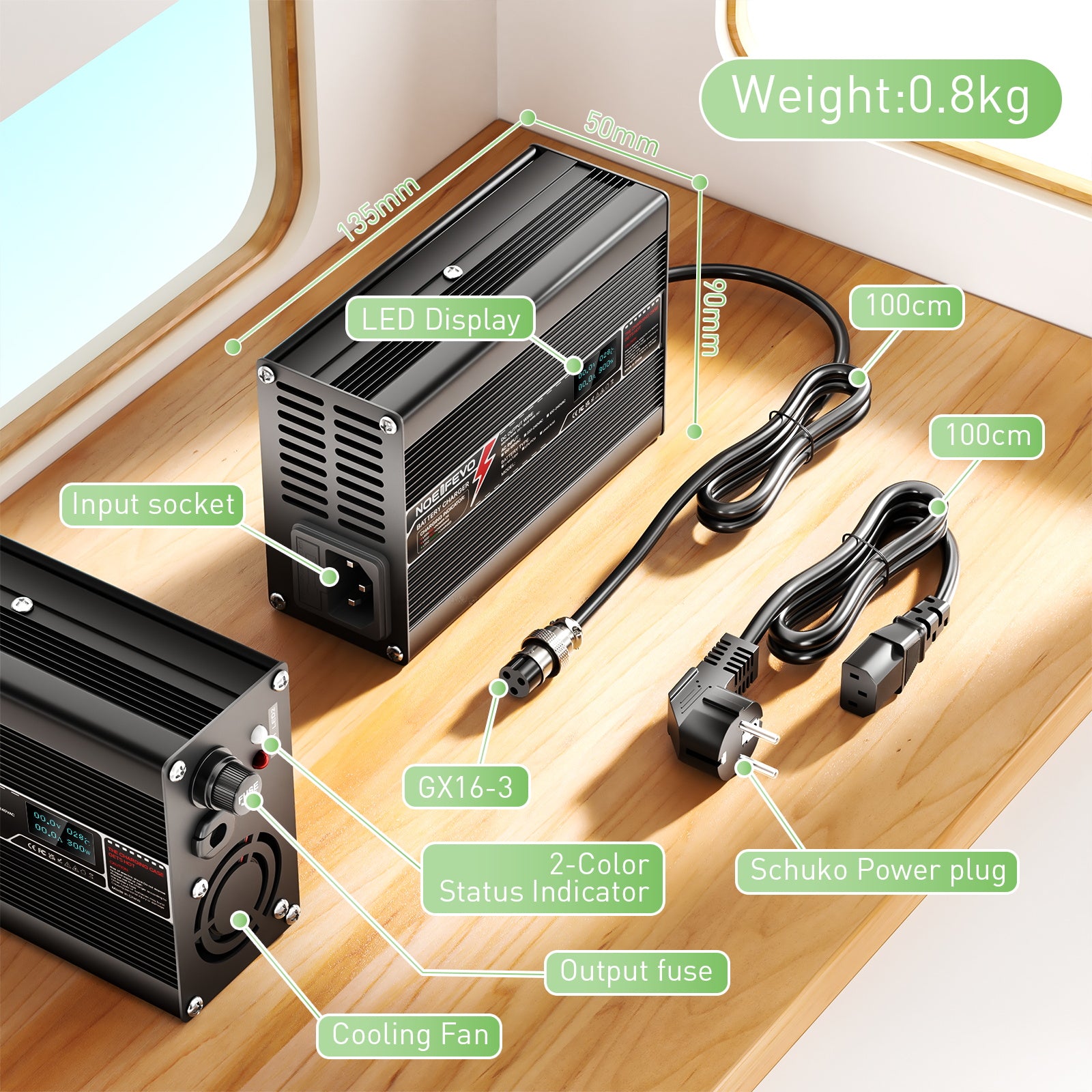 NOEIFEVO 25,2V 2A litiumladdare för 6S 22,2V Li-Ion Lipo-batterier, med LCD-skärm, kylfläkt, automatisk avstängning