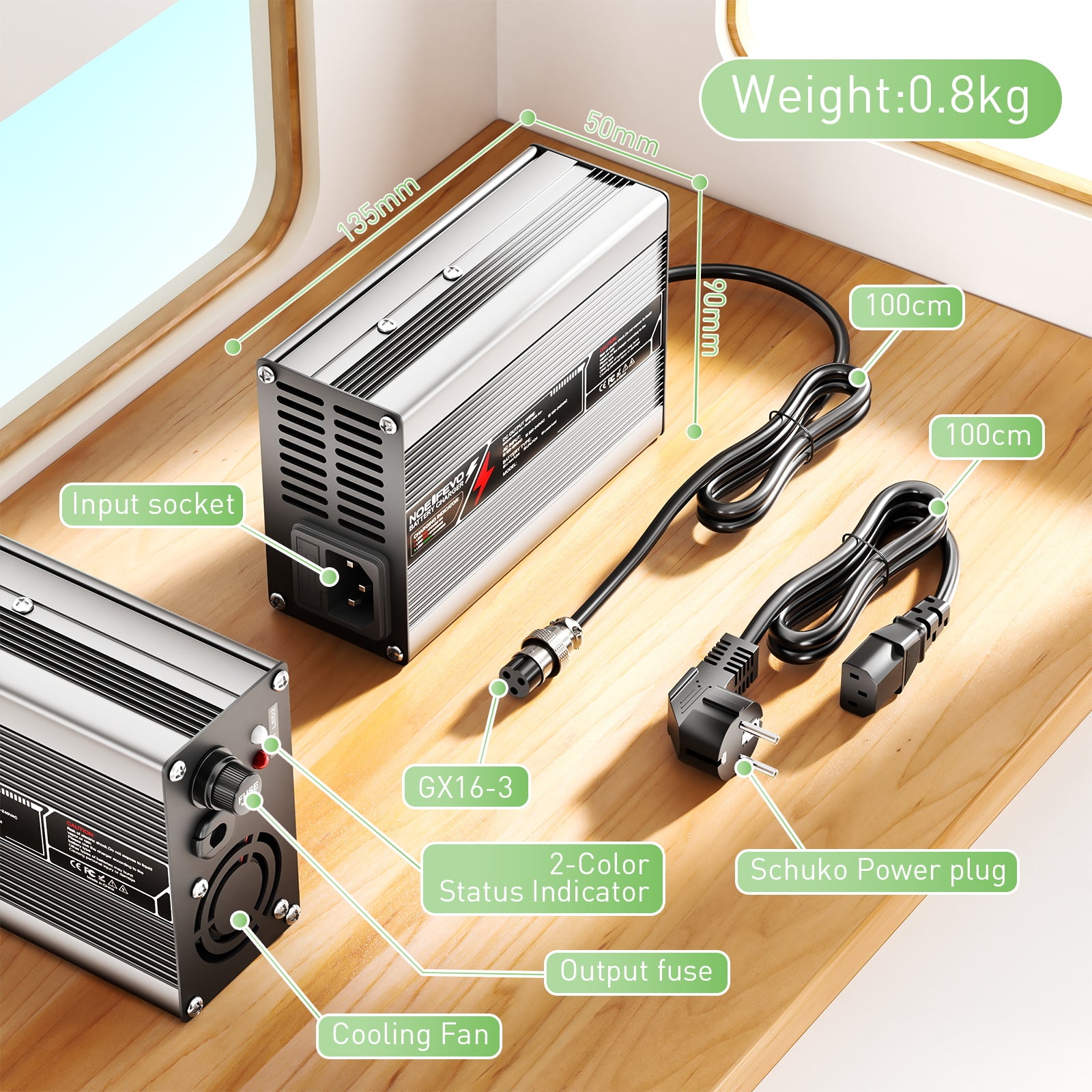 NOEIFEVO 46.2V 2A 3A 3.5A 4A Lithium-Ladegerät for 11S 40.7V Li-Ion Lipo-batterier, med kølefaner og automatisk slukning.