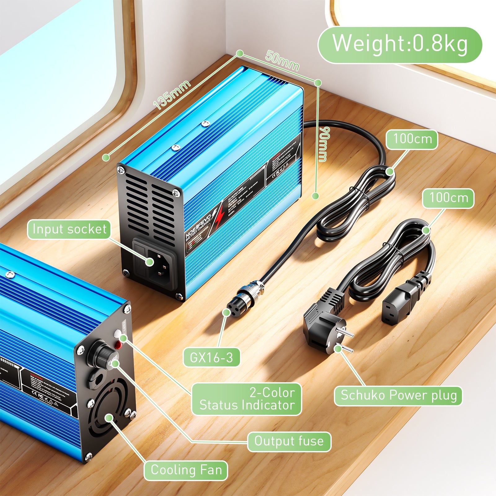 NOEIFEVO 46.2V 2A 3A 3.5A 4A lithiumová nabíječka pro 11S 40.7V Li-Ion Lipo baterie, chladicí ventilátor, automatické vypnutí（MODRÁ）