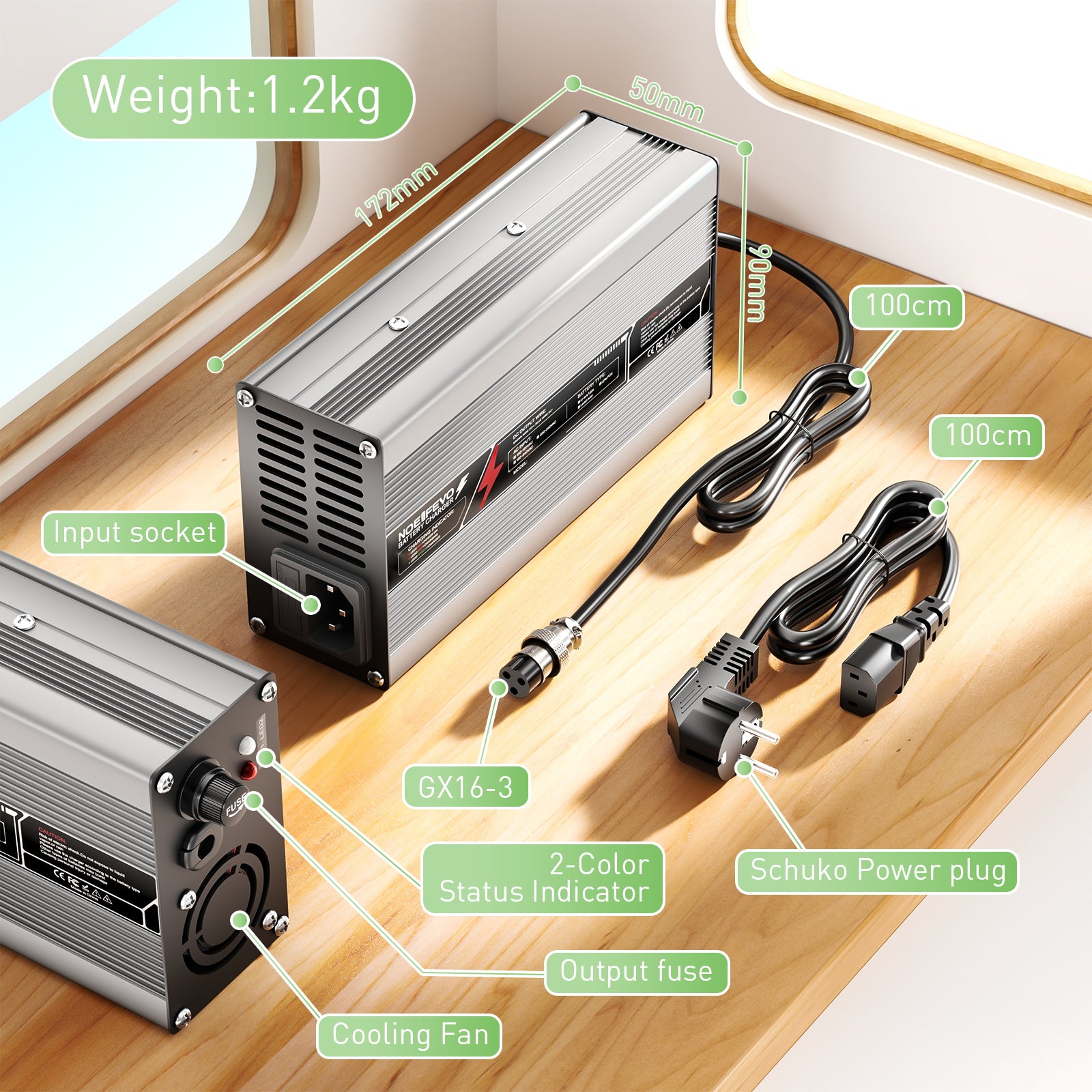 NOEIFEVO 63V 6A Lithium-Batterieladegerät für 55,5V 15S Batterie, automatische Abschaltung, Aluminiumgehäuse, mit Lüfter (Silber)