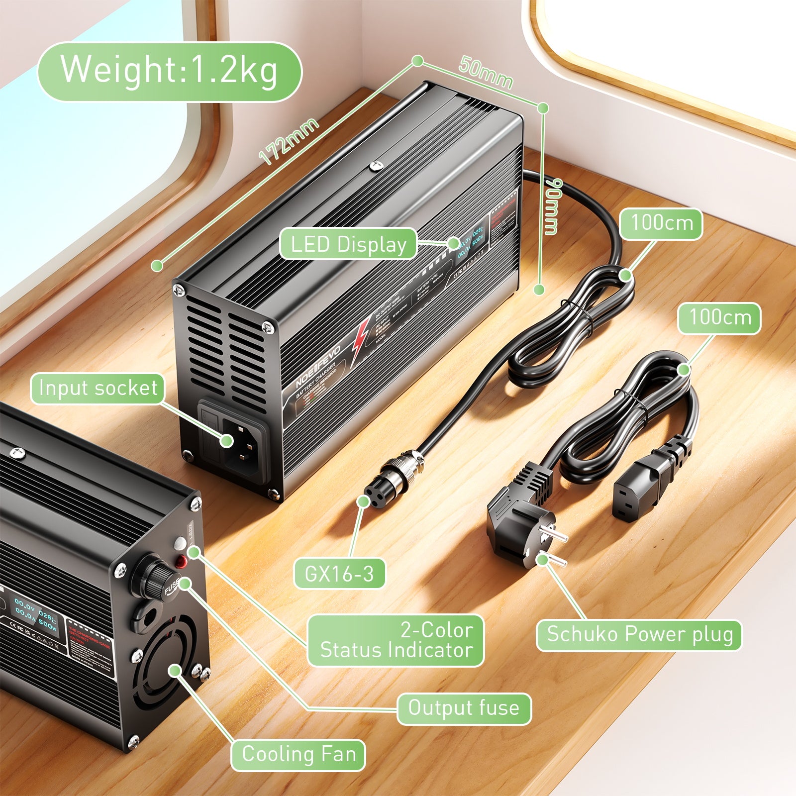 NOEIFEVO 71.4V 6A Lithium-Ladegerät für 17S 62.9V Akku, LED-Anzeige, Aluminiumgehäuse, Lüfter