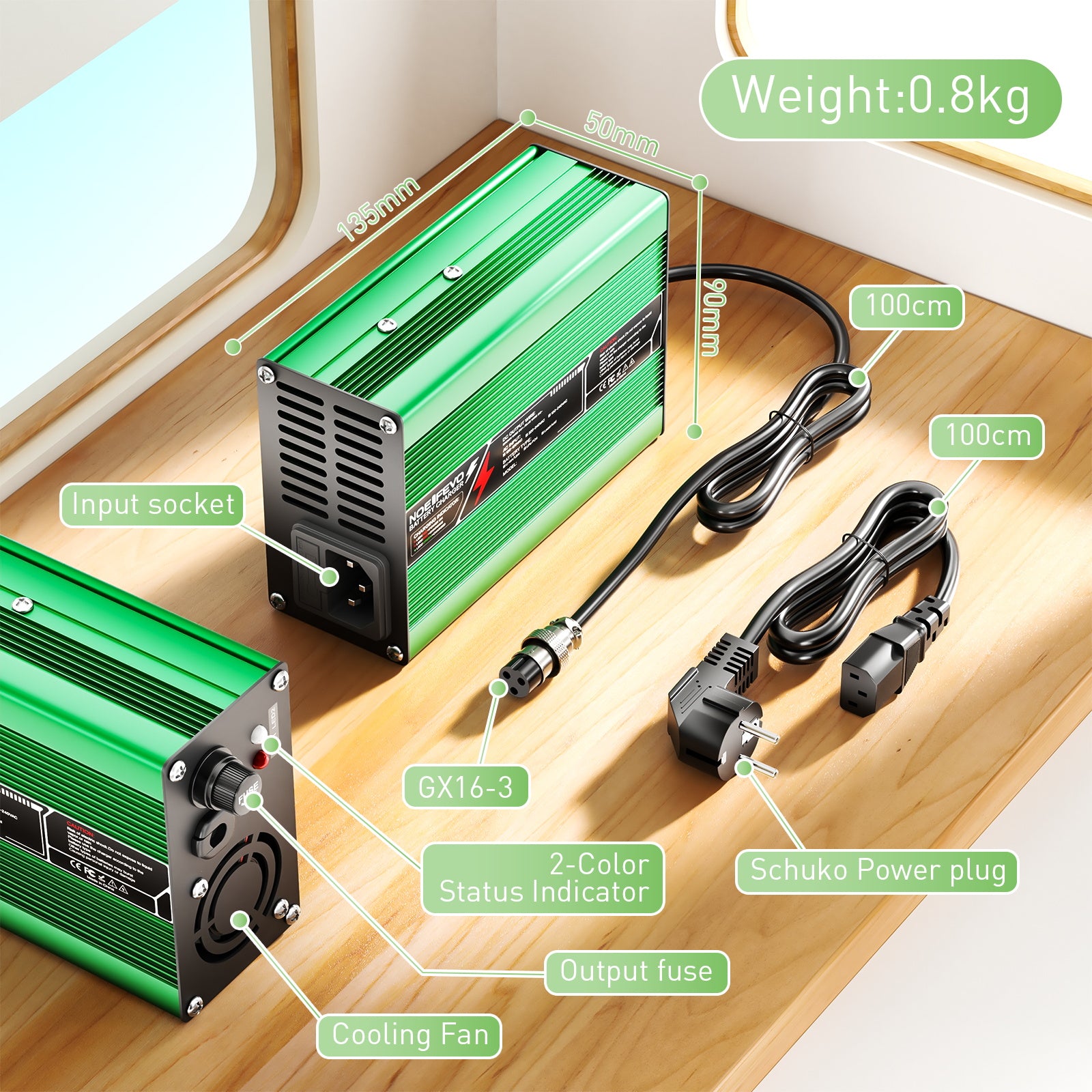 NOEIFEVO 14.6V 10A Caricabatterie LiFePO4 per Batterie 4S 12V 12.8V LiFePO4, Ventola di Raffreddamento, Spegnimento Automatico (VERDE)