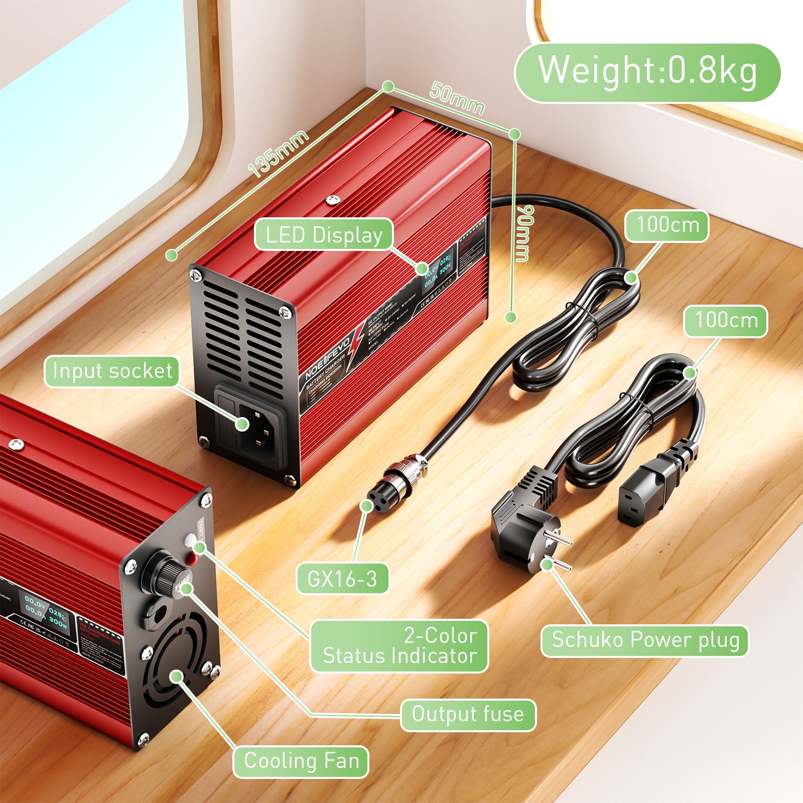 NOEIFEVO 25.2V 2A 3A 4A 5A Lithium-Ladegerät für 6S 22.2V Li-Ion Lipo-Batterien, Kühlventilator, automatischer Abschaltung（RED）