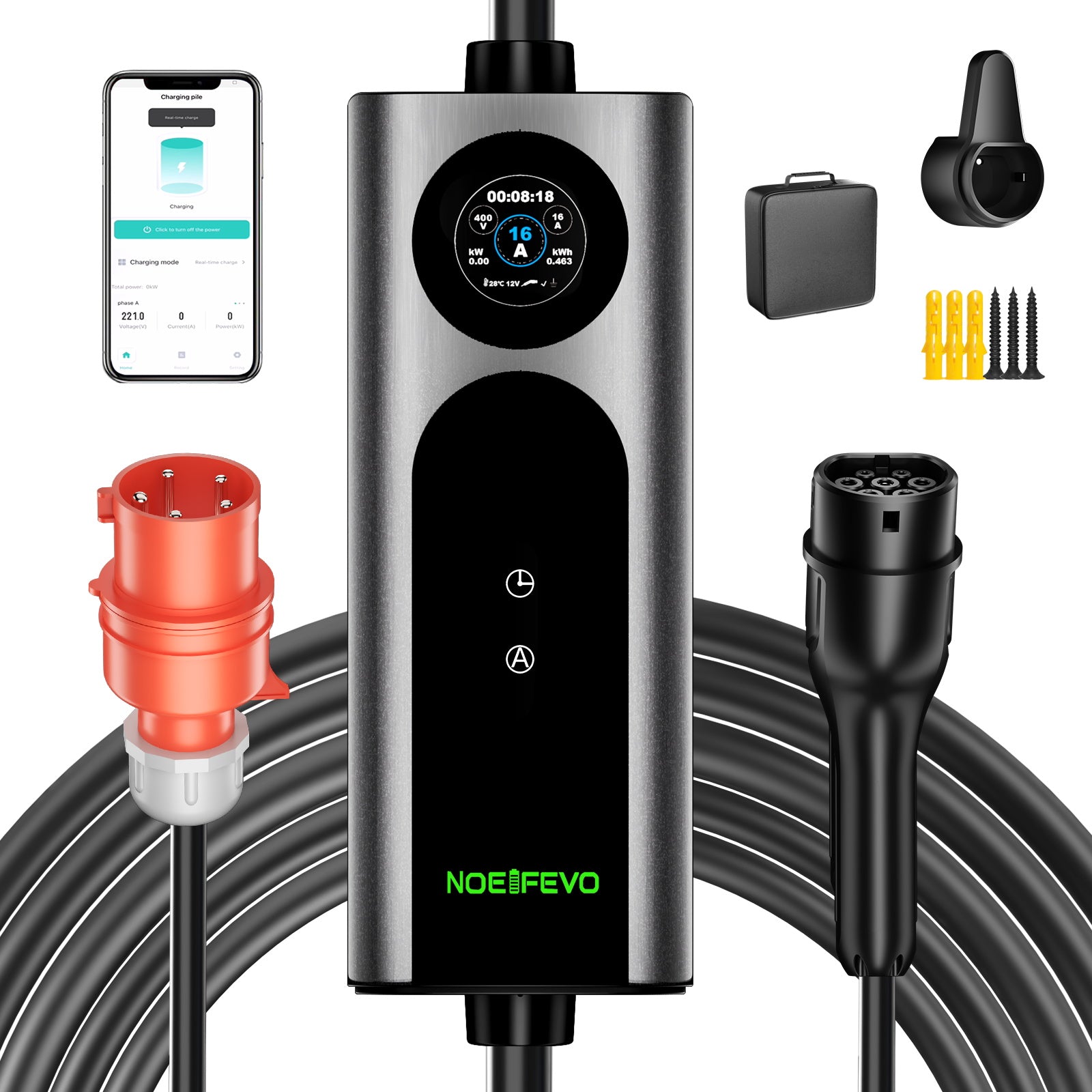 Noeifevo Wallbox EV Móvil Tipo 2, Cargador EV de 11KW 3-fases CEE16A con Potencia de Carga Ajustable, Cable de Carga EV de 5m/10m/15m para Model Y/3, ID.3/4/5, MG4, EX30, e-up, e-tron, Zoe y otros EV.
