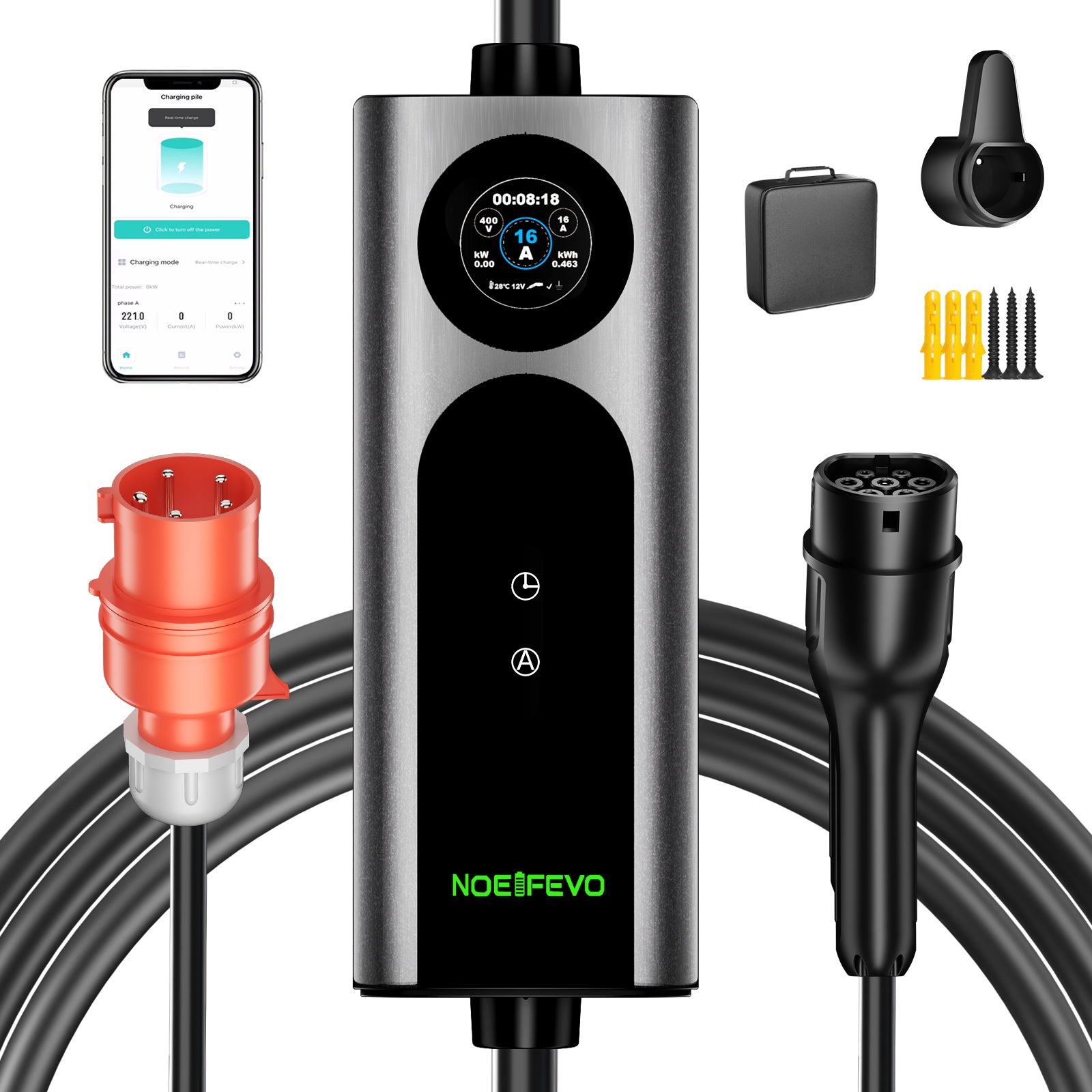 Noeifevo Wallbox EV Móvil Tipo 2, Cargador EV de 11KW 3-fases CEE16A con Potencia de Carga Ajustable, Cable de Carga EV de 5m/10m/15m para Model Y/3, ID.3/4/5, MG4, EX30, e-up, e-tron, Zoe y otros EV.
