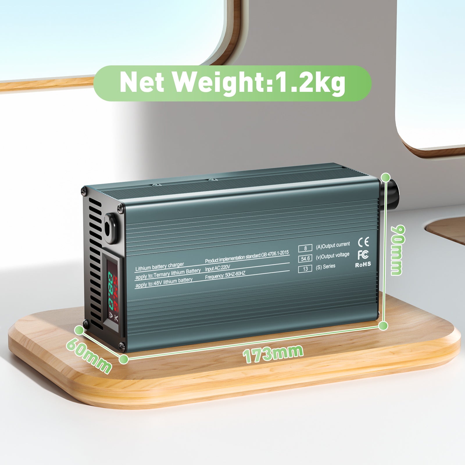 NOEIFEVO 54,6V 8A 13S Lithium-Batterijlader voor 13S 48,1V Li-Ion-batterijen, Stroominstelling 1-8A, Langzaam opladen en snel opladen (MLC1300)