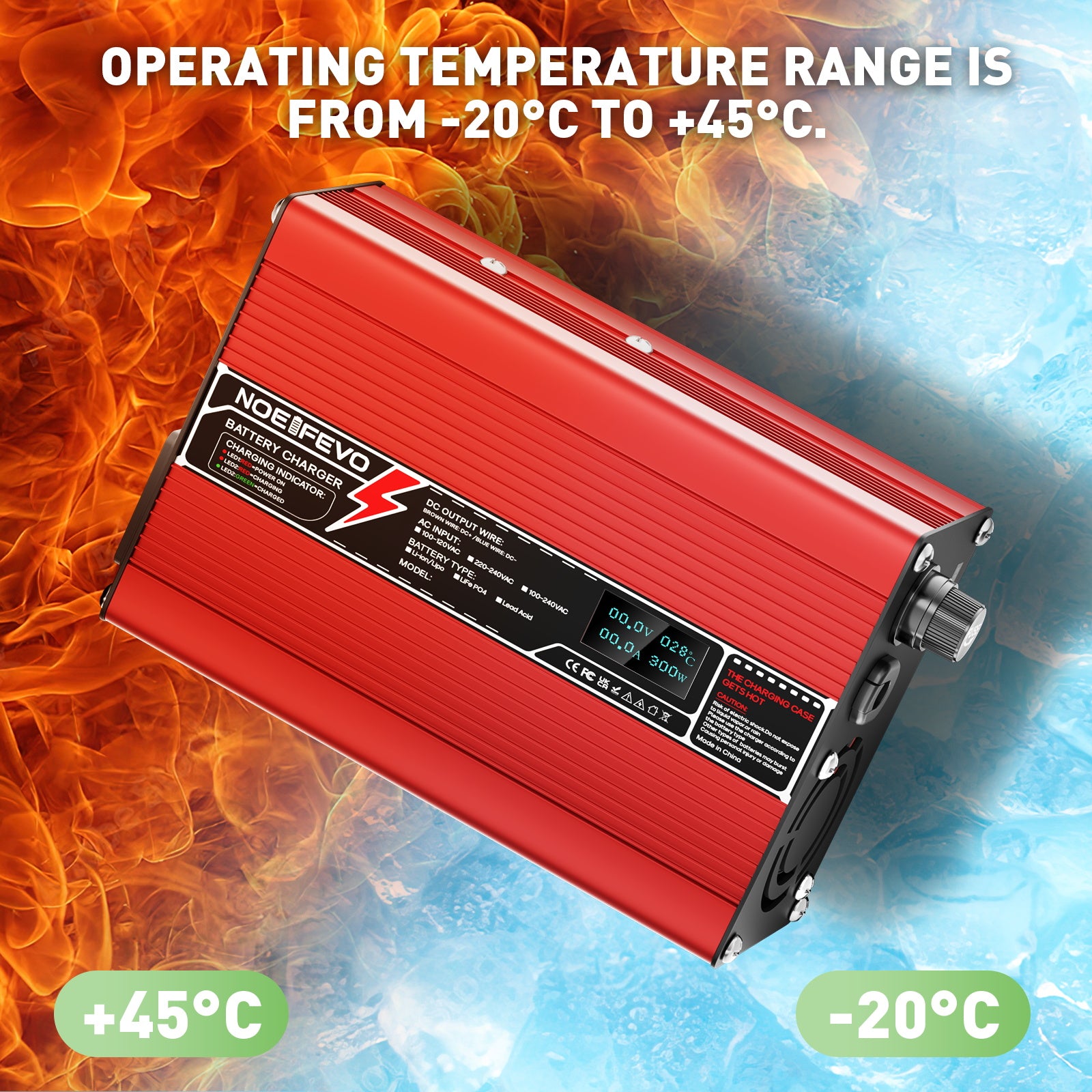 NOEIFEVO 54.6V 3A Lithium-Ladegerät til 13S 48.1V Li-Ion Lipo-batterier, med LCD-skærm, køleventilator, automatisk slukning (RØD)