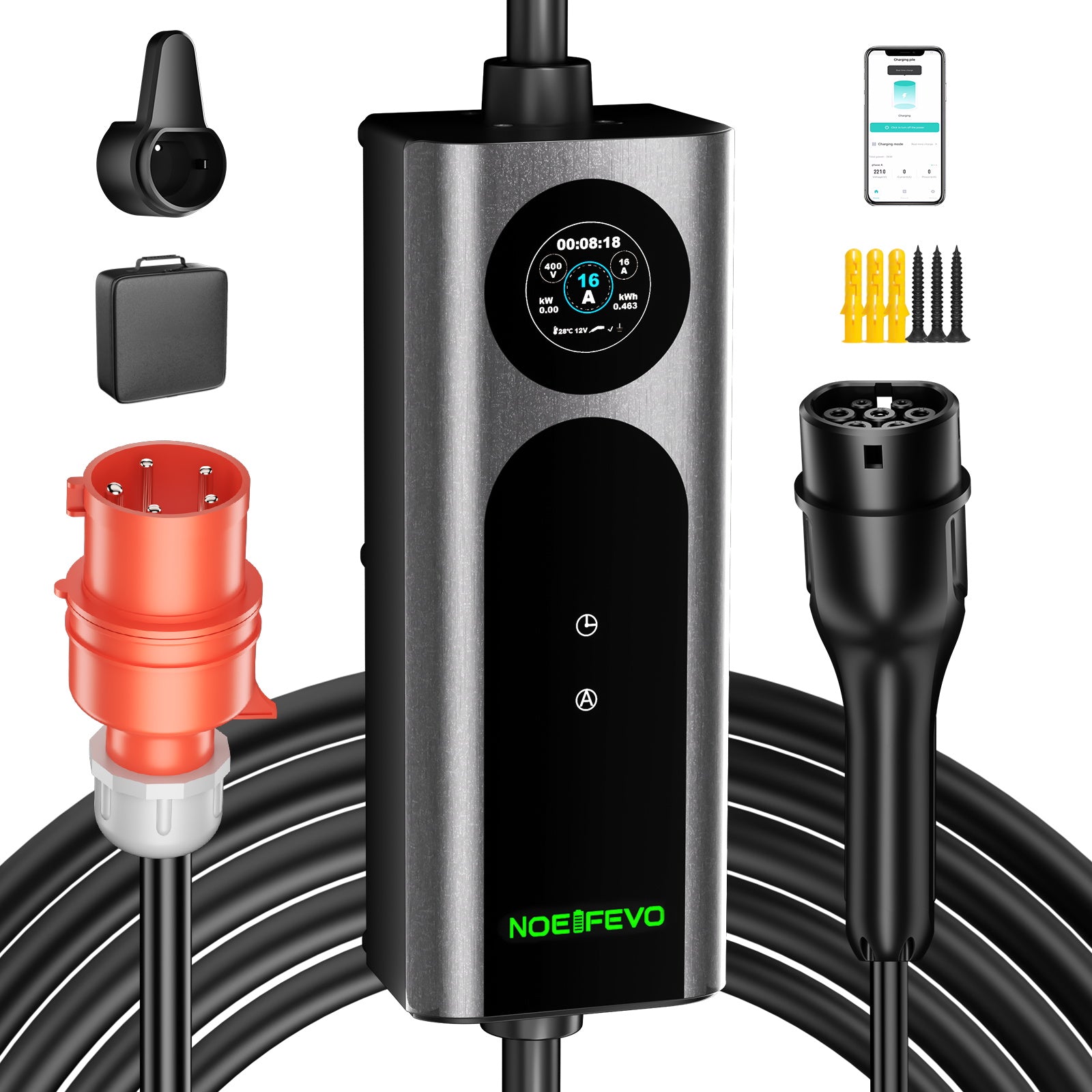 NOEIFEVO Q21W Wlan מטען חשמלי נייד לרכב בעוצמת 11 קילוואט עם שלט אפליקציה, כבל טעינה באורך 5 מטרים או 10 מטרים מסוג Type2 CEE16A ב-3 פאזות.