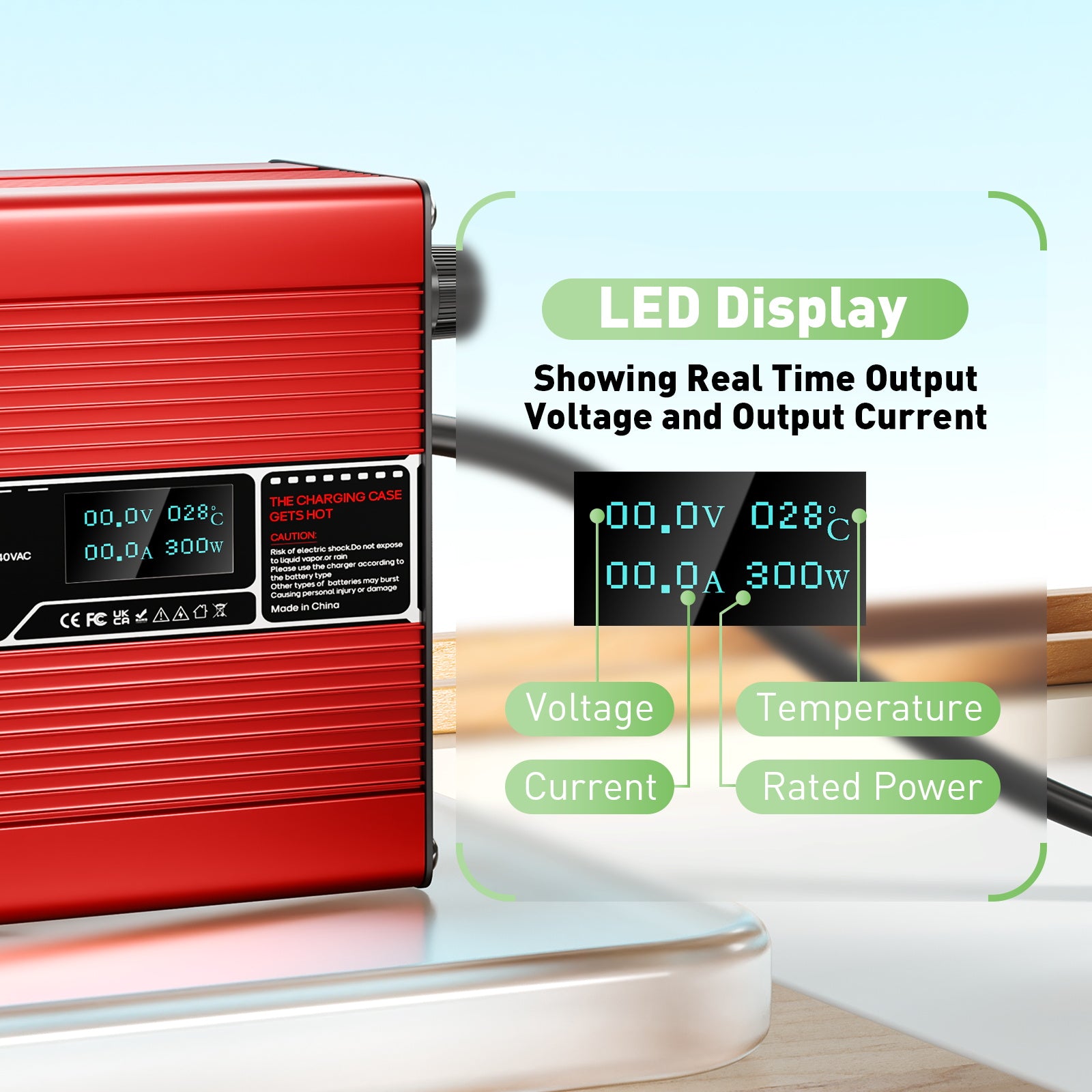 NOEIFEVO 54.6V 3A Lithium-Ladegerät til 13S 48.1V Li-Ion Lipo-batterier, med LCD-skærm, køleventilator, automatisk slukning (RØD)