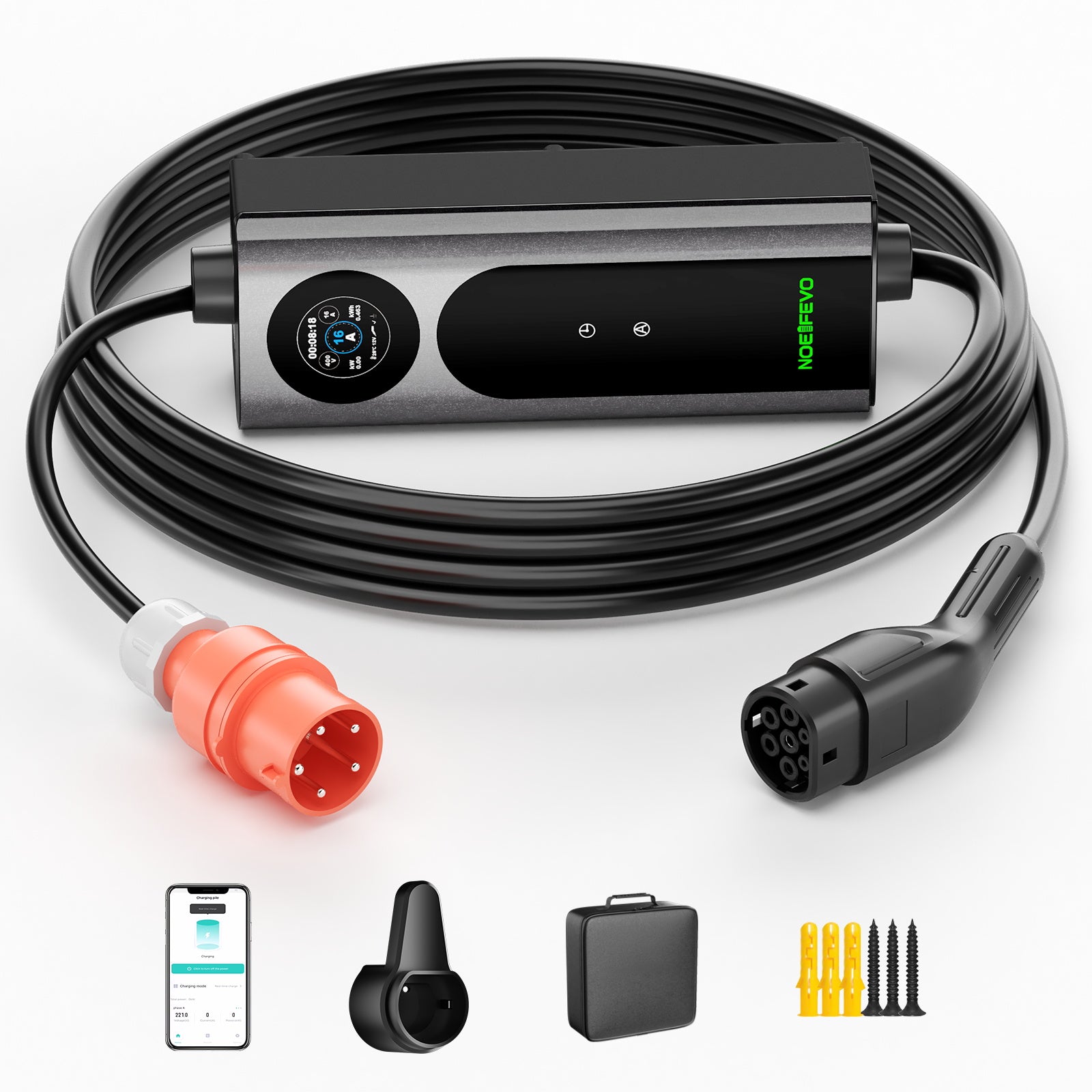 NOEIFEVO Mobilní wallbox 11kW s aplikací [5m/10m | 3fázová | 6–16 A], nabíjecí kabel pro elektromobily CEE-16A 400V na Typ 2 s nastavitelným nabíjecím výkonem, EV nabíječka pro ID.3/4/5/7, iX1, Model 3/Y a další BEV/PHEV