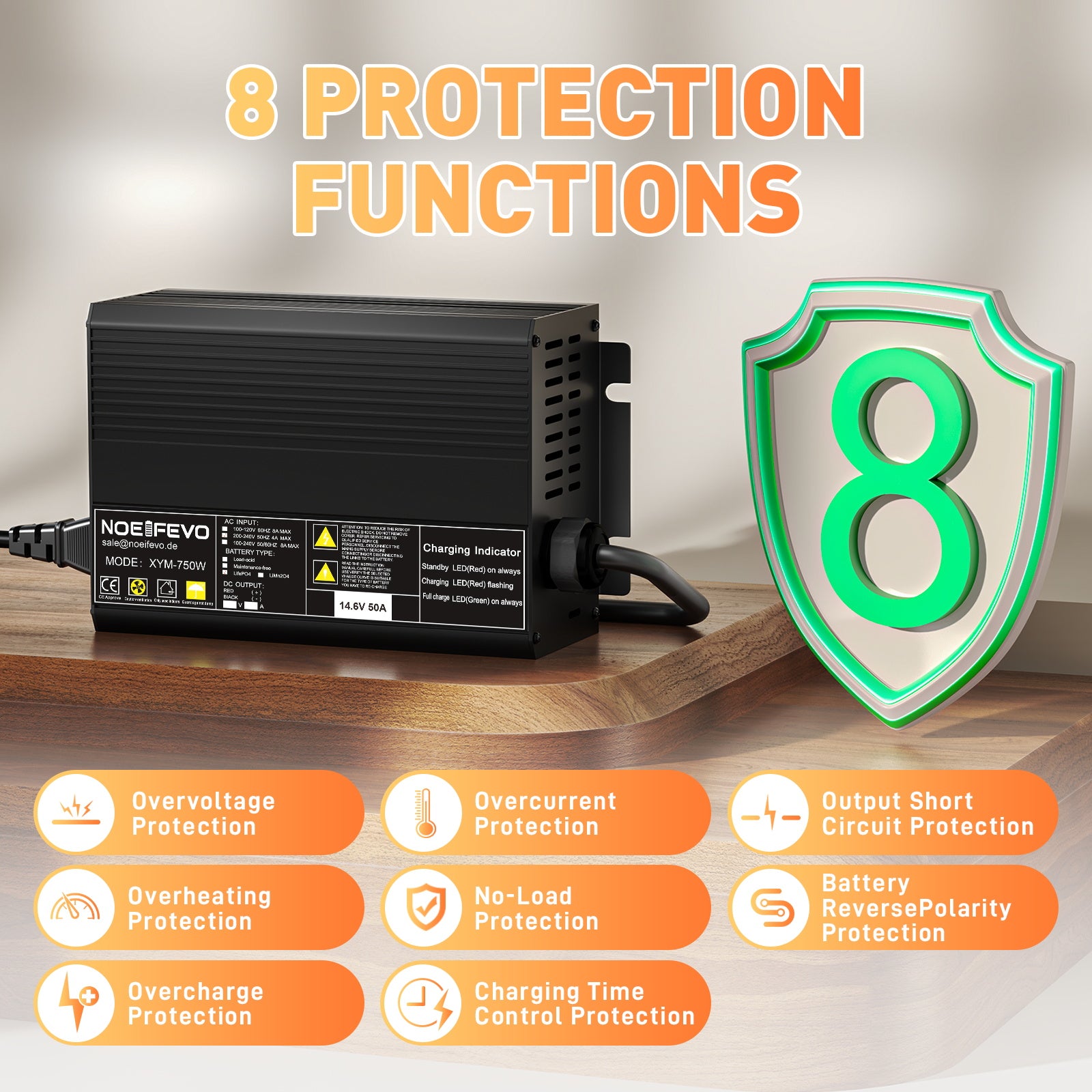 Noeifevo 14,6 V 50 A  Ładowarka akumulatorów litowo-żelazowo-żelazowo-po4 do akumulatorów litowo-żelazowo-żelazowo-po4 12 V (12,8 V), aktywacja BMS 0 V, automatyczne wyłączanie z pełną ochroną