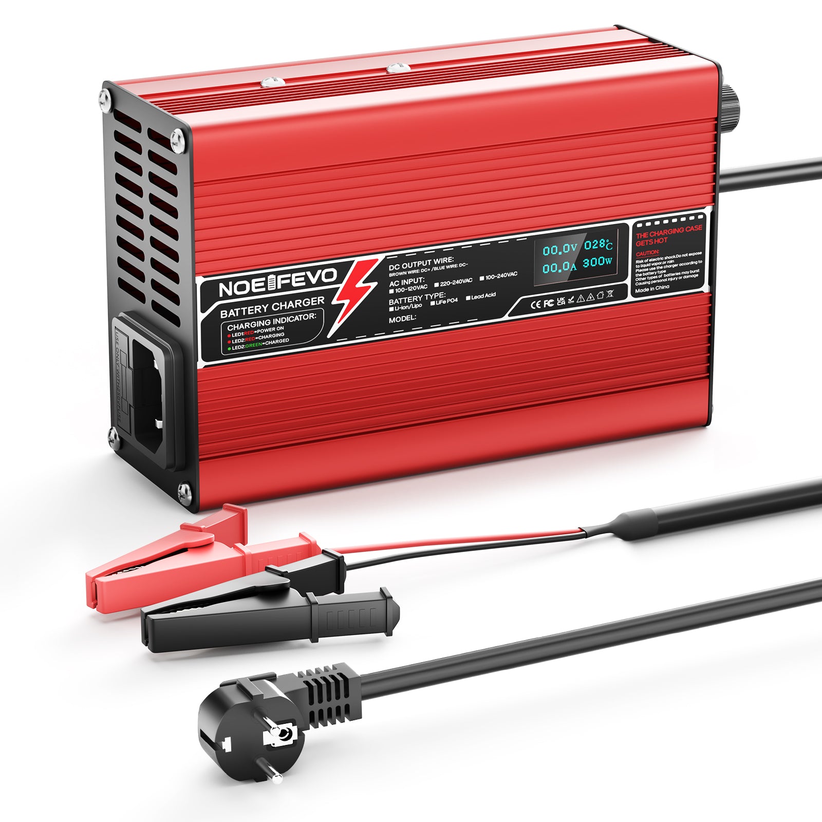 NOEIFEVO 58.8V 2A 2.5A 3A Litiumladdare för 14S 51.8V Li-Ion Lipo-batterier, med LCD-display, kylfläkt, automatisk avstängning(RED)