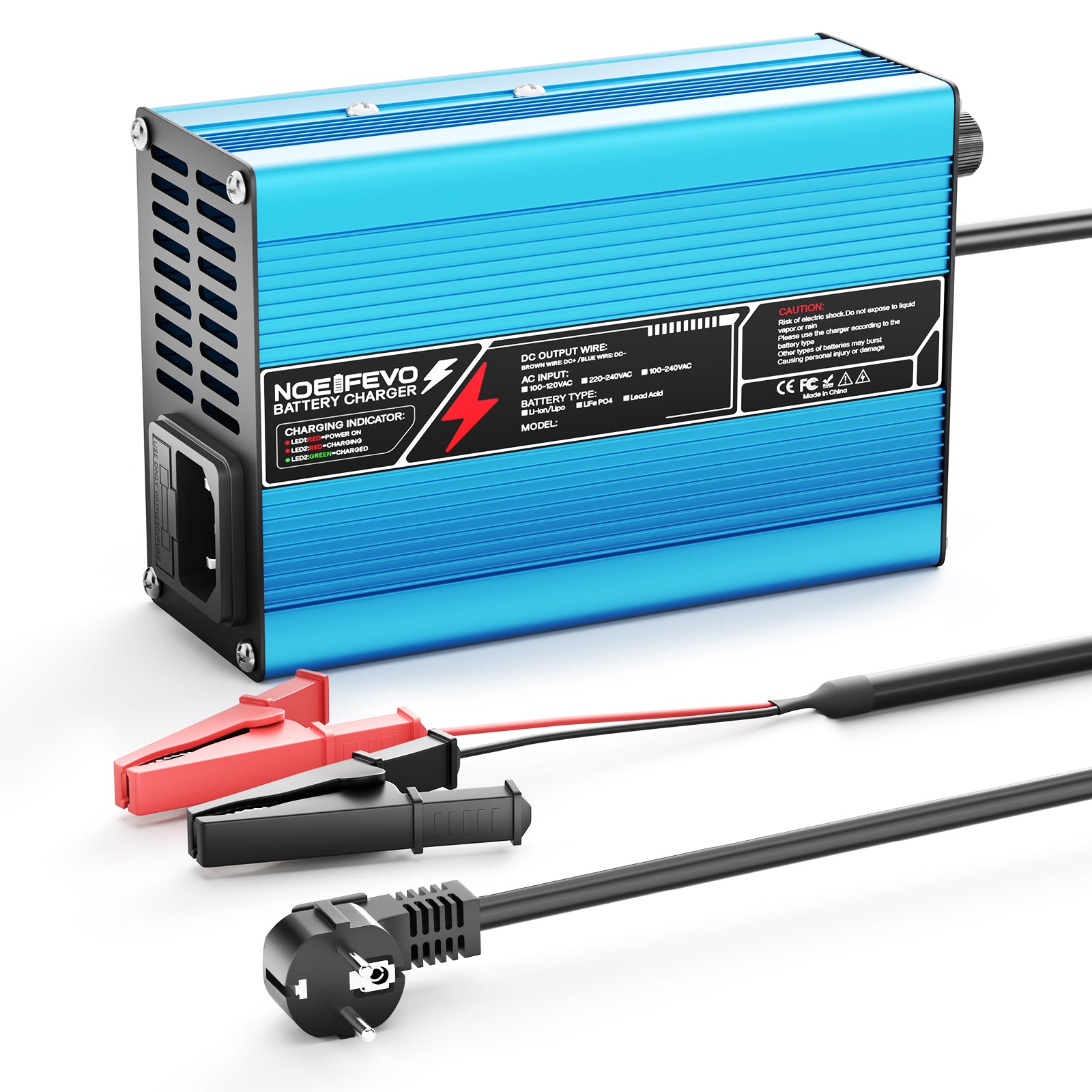 NOEIFEVO 33.6V 2A 3A 4A 5A Carregador de Lítio para Baterias Li-Ion Lipo 8S 29.6V, Ventilador de Resfriamento, Desligamento Automático (AZUL)