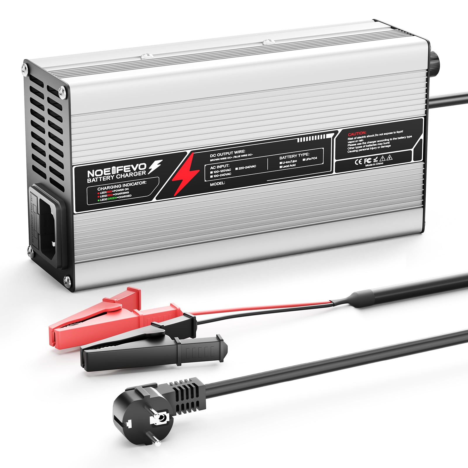 NOEIFEVO 58,8V 8A Lithium-Batterieladegerät für 51,8V(48V) 14S-Batterie, automatische Abschaltung, Aluminiumgehäuse, mit Lüfter (Silber)