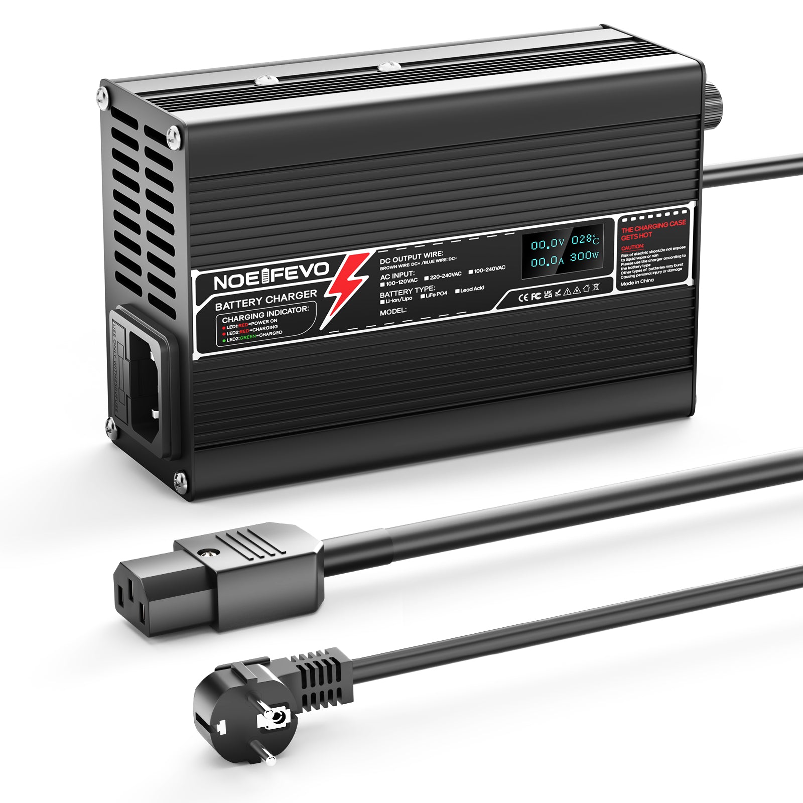 Caricabatterie NOEIFEVO 12,6V 8A per batterie Li-Ion Lipo 3S 11,1V, con display LCD, ventola di raffreddamento e spegnimento automatico