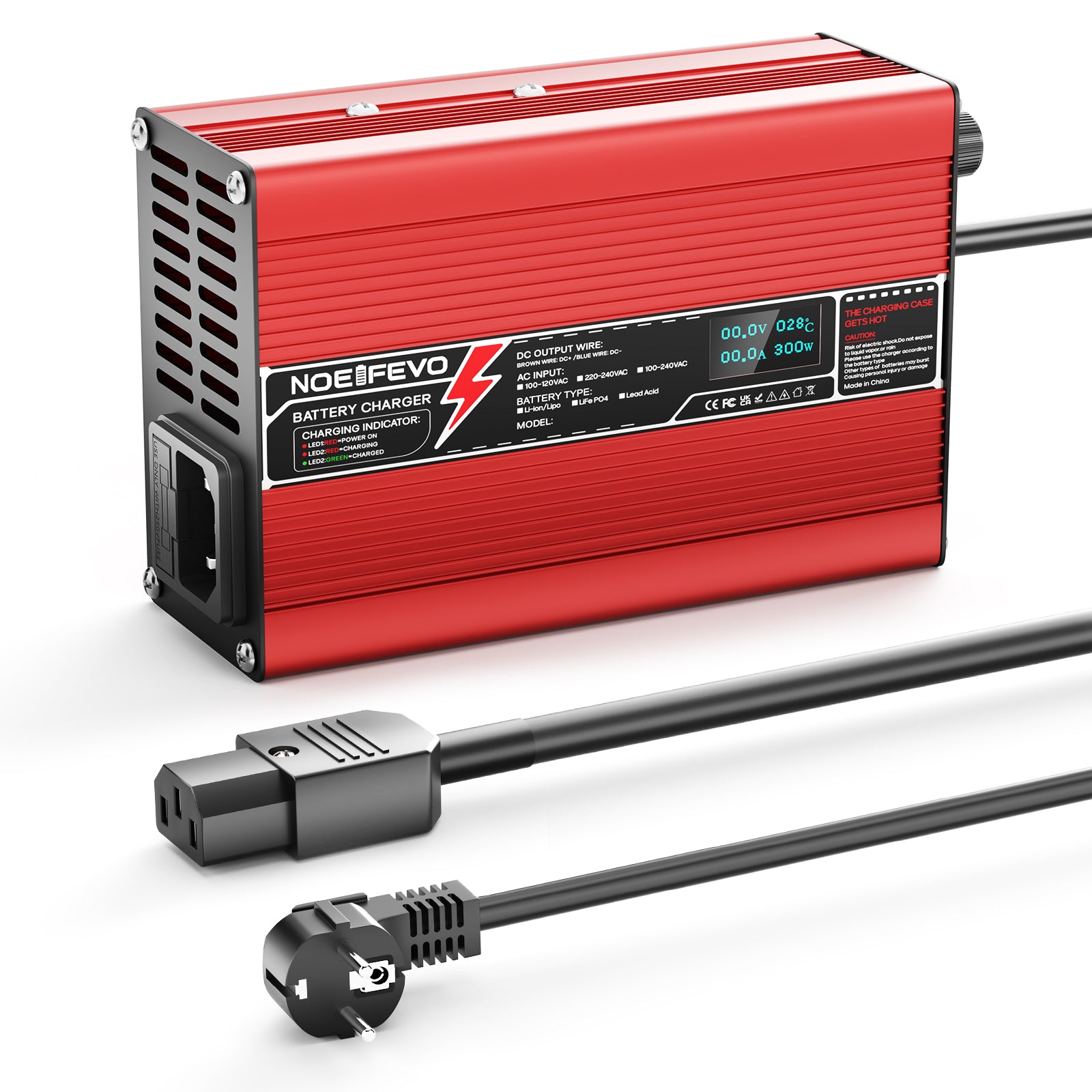 NOEIFEVO 42V 2A 3A 3.5A 4A Lithium-Ladegerät für 10S 37V Li-Ion Lipo-Batterien, Kühlventilator, automatischer Abschaltung(RED)