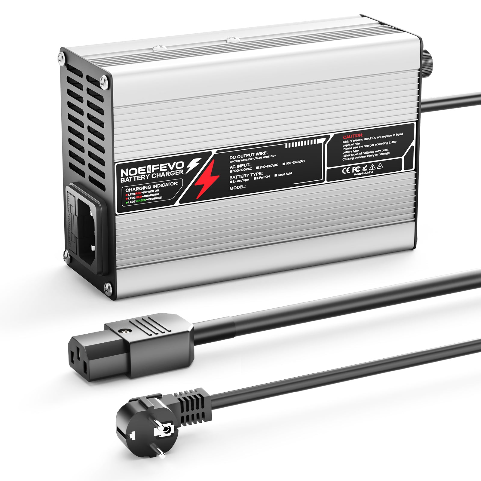 NOEIFEVO 42V 2A 3A 3.5A 4A Lithium-Ladegerät für 10S 37V Li-Ion Lipo-Batterien, Kühlventilator, automatischer Abschaltung