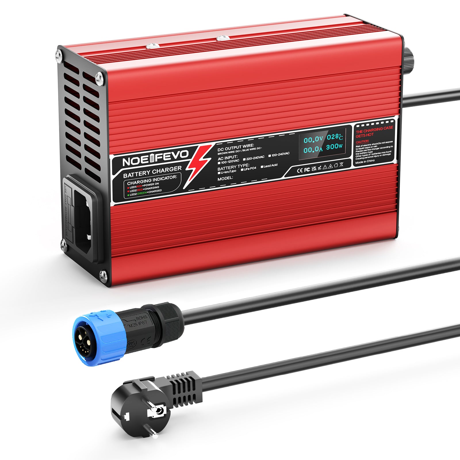 NOEIFEVO 12,6V 10A Lithium-lader til 3S 11,1V Li-Ion Lipo-batterier, med køleventilator, automatisk slukning (RØD)