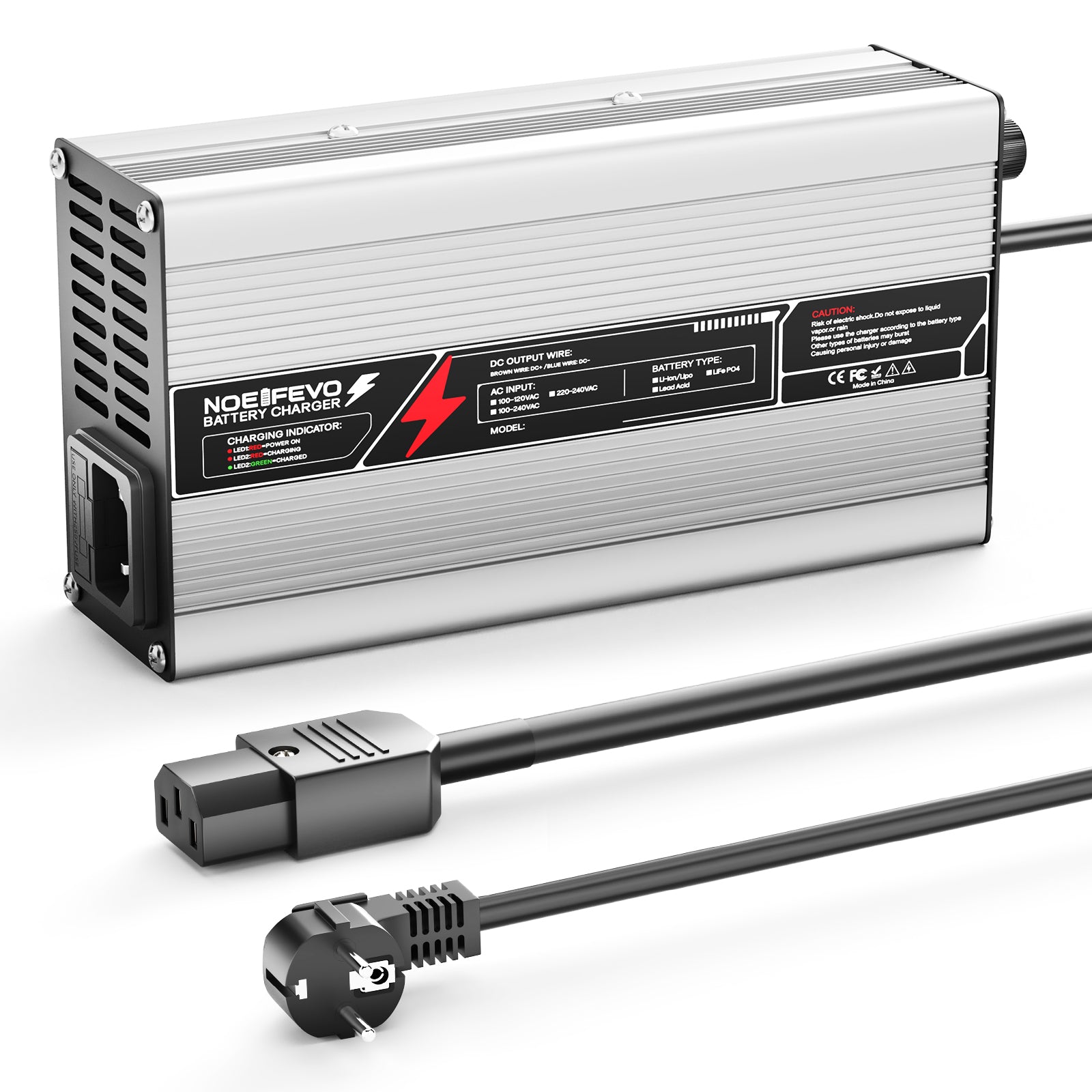 NOEIFEVO 58,8V 8A Lithium-Batterieladegerät für 51,8V(48V) 14S-Batterie, automatische Abschaltung, Aluminiumgehäuse, mit Lüfter (Silber)