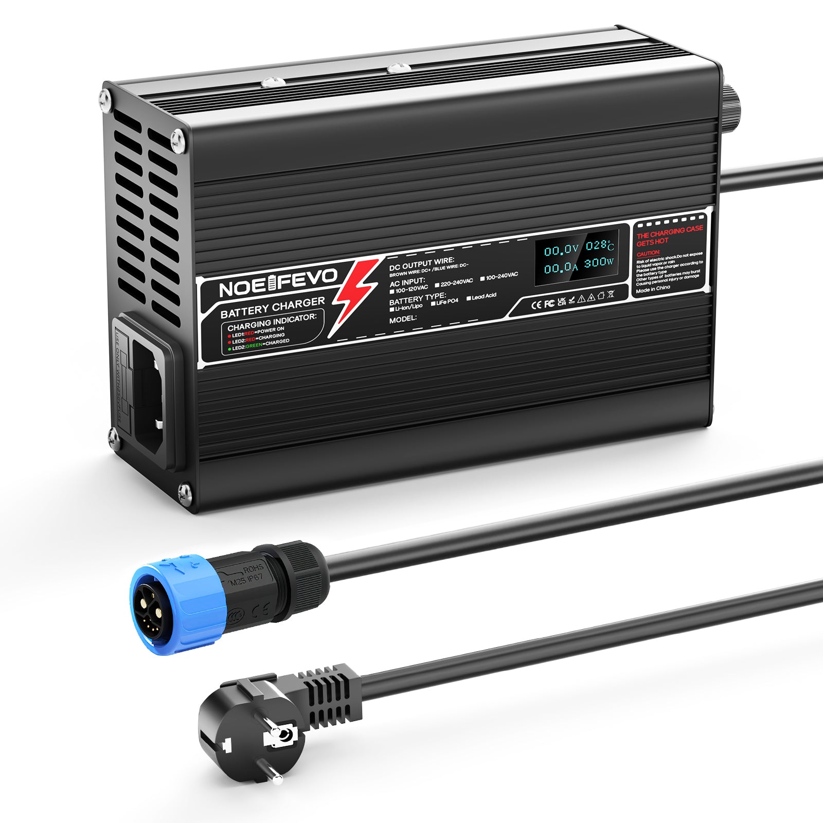 NOEIFEVO 37.8V 2A 3A 3.5A 4A Lithium-Ladegerät für 9S 33.3V Li-Ion Lipo-Batterien, Kühlventilator, automatischer Abschaltung（BLACK）