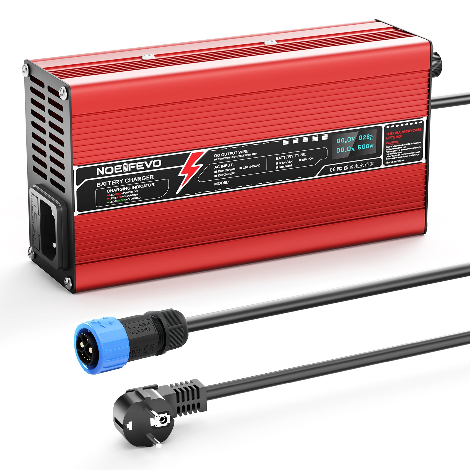 NOEIFEVO 71.4V 6A 17S Lithium-Batterieladegerät, für 17S 62.9V Li-Ion Batterie, LED-Anzeige, für E-Bike, Roller, Boot und Auto