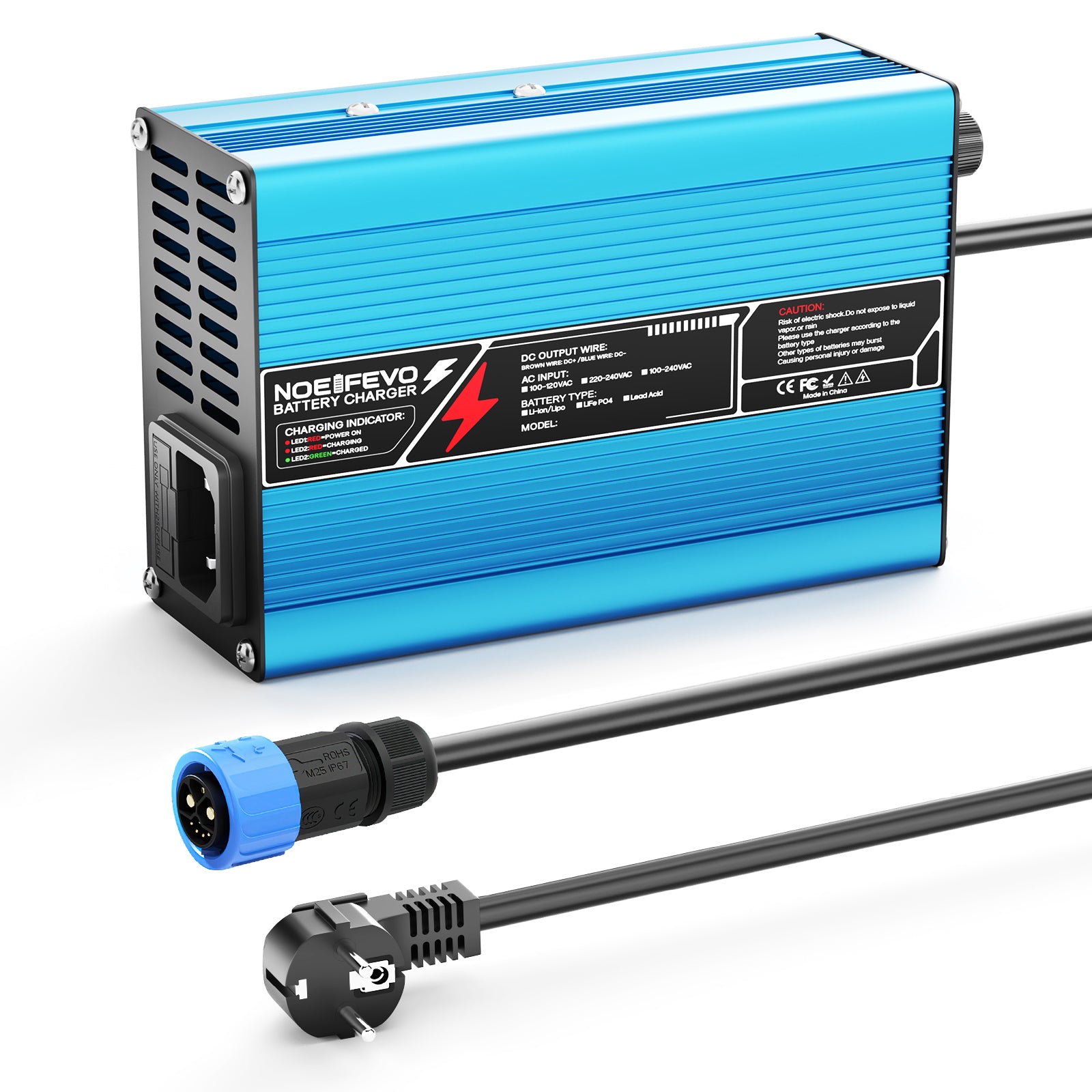 NOEIFEVO 12,6V 10A lithium-oplader til 3S 11,1V Li-Ion Lipo-batterier, køleventilator, automatisk afbrydelse (BLÅ)