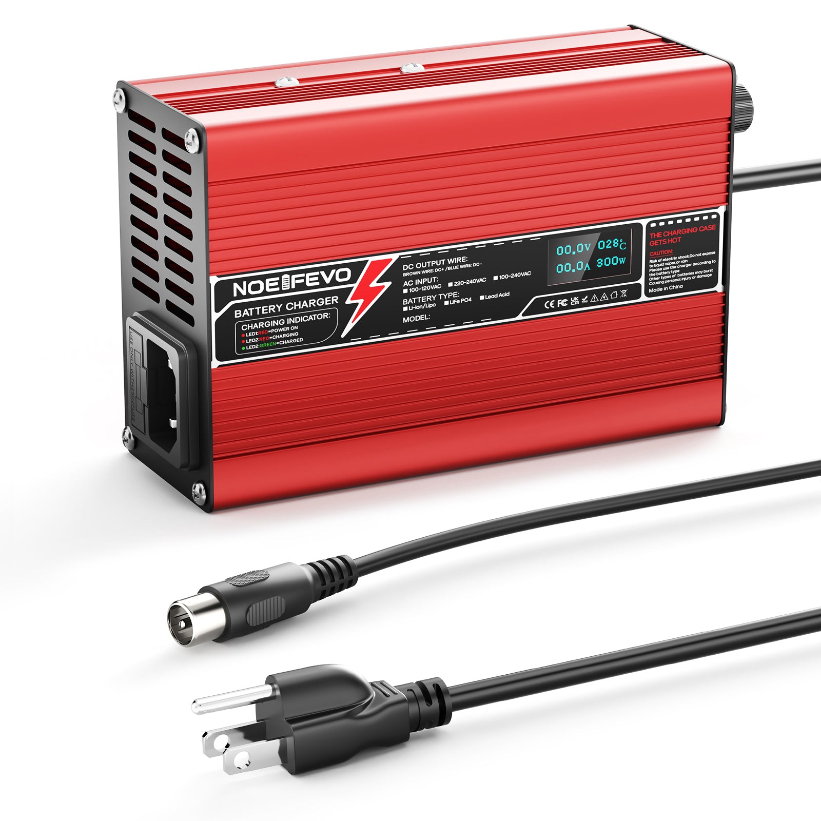 NOEIFEVO 42V 2A 3A 3.5A 4A Lithium-oplader voor 10S 37V Li-Ion Lipo-batterijen, Koelventilator, Automatische Uitschakeling (ROOD)