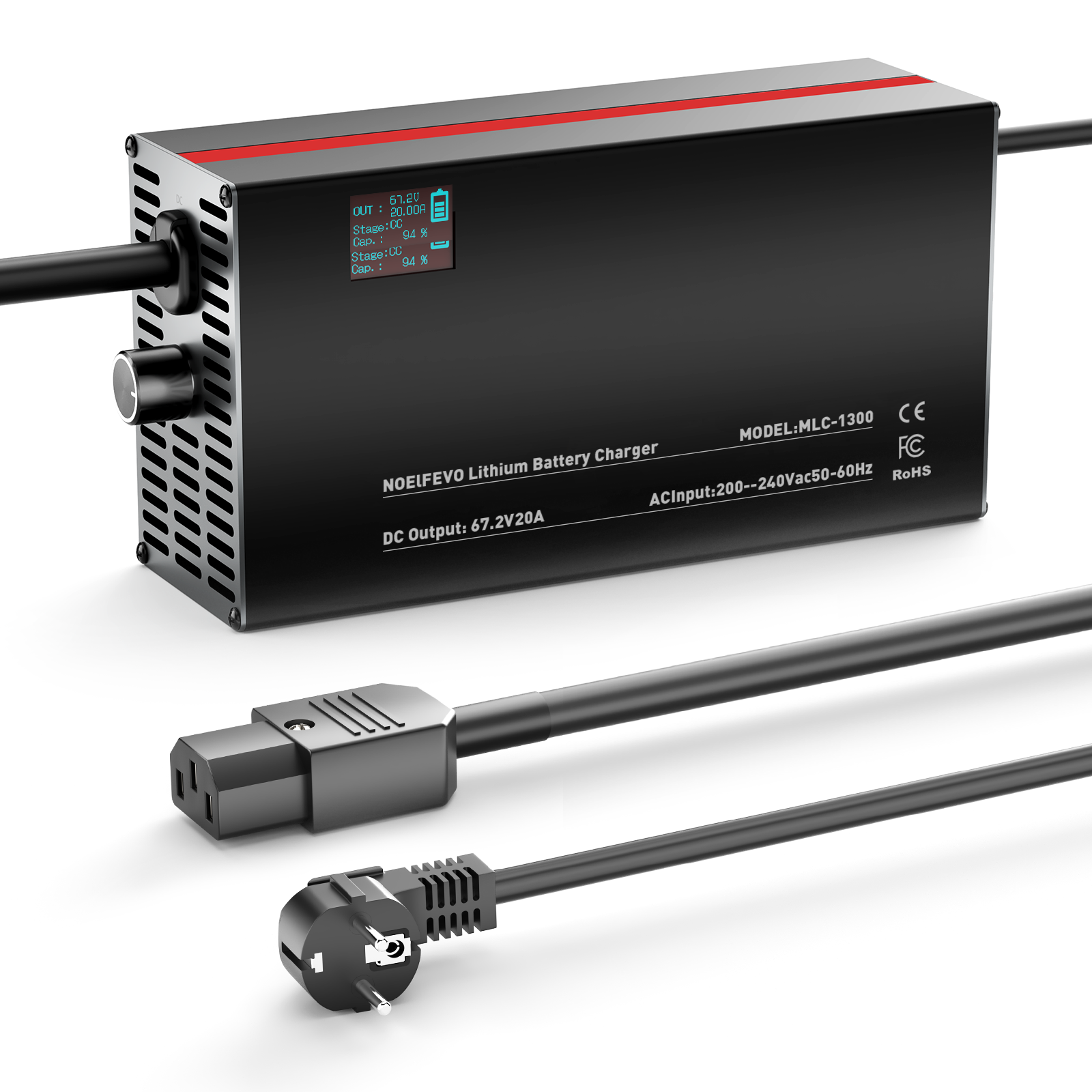 NOEIFEVO 67,2V 2-20A Lithium-Batterijlader voor 59.2V 60V 16S Lithium-Li-Ion-Lipo-batterij, LCD-display, instelbare stroom, lader voor E-bike, scooter, elektromotorfiets