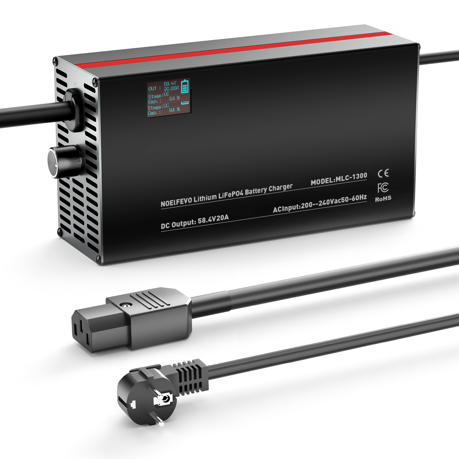 NOEIFEVO 58.4V 2-20A Lithium-LiFePO4 nabíječka pro 51.2V 16S LiFePO4 baterii, LCD displej, nastavitelný proud, nabíječka pro golfové vozíky, trollingové motory, lodě a karavany