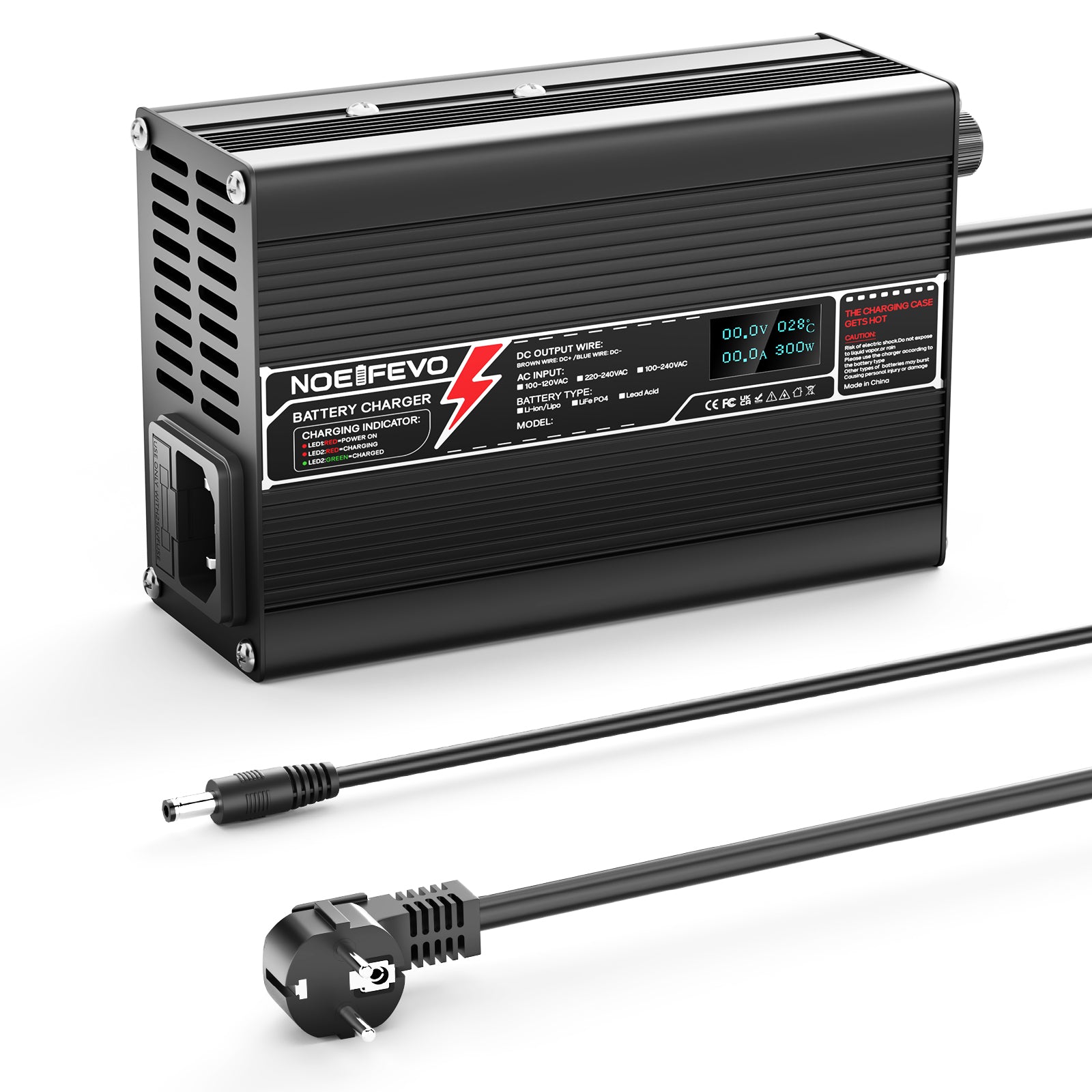 NOEIFEVO 42V 4A Lithium-Ladegerät für 10S 37V Li-Ion Lipo-Batterien, Kühlventilator, automatischer Abschaltung（BLACK）