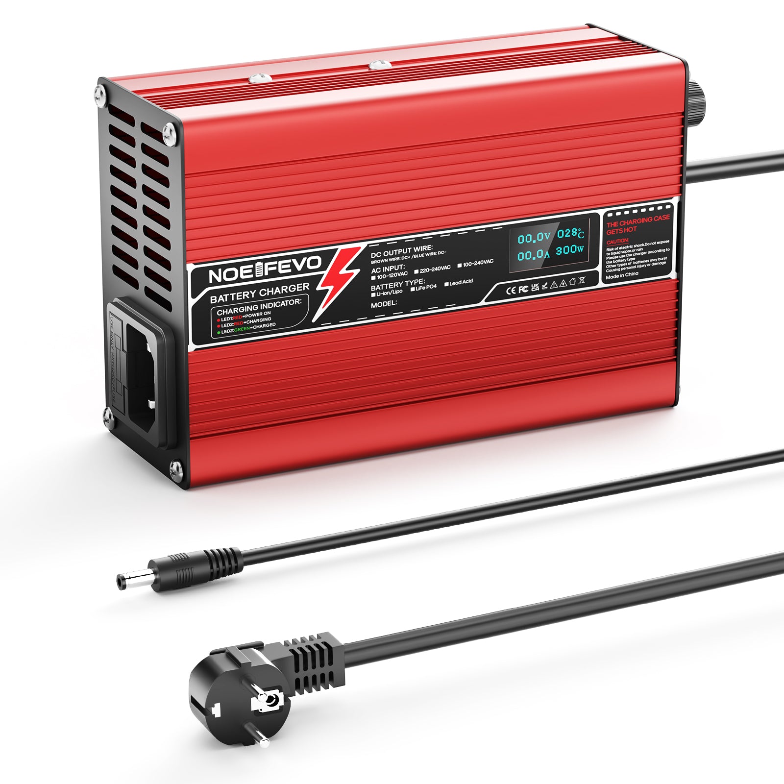 NOEIFEVO 33.6V 2A 3A 4A 5A Lithium-Ladegerät für 8S 29.6V Li-Ion Lipo-Batterien, Kühlventilator, automatischer Abschaltung（RED）