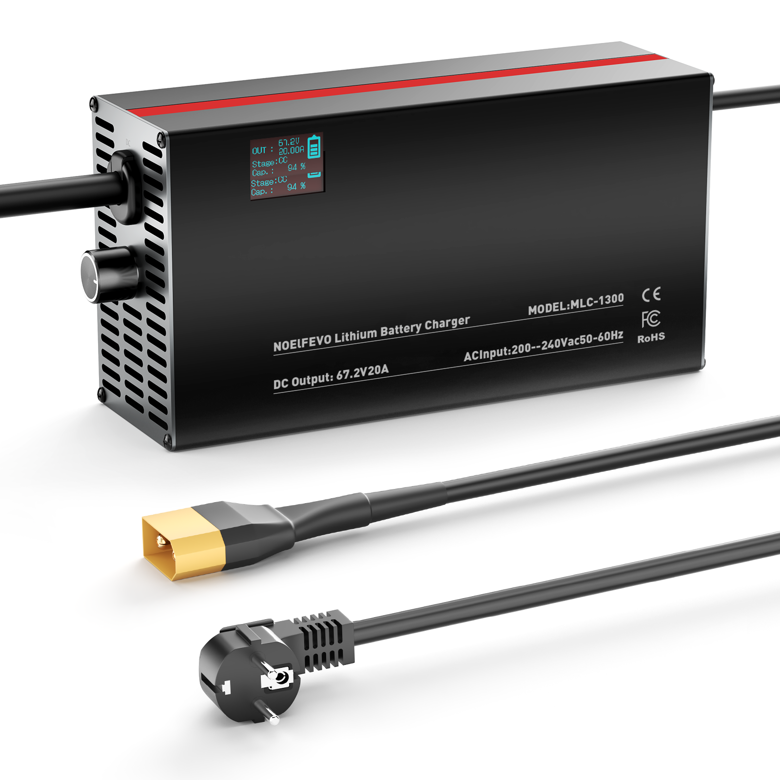 NOEIFEVO 67,2V 2-20A Lithium-Batterijlader voor 59.2V 60V 16S Lithium-Li-Ion-Lipo-batterij, LCD-display, instelbare stroom, lader voor E-bike, scooter, elektromotorfiets