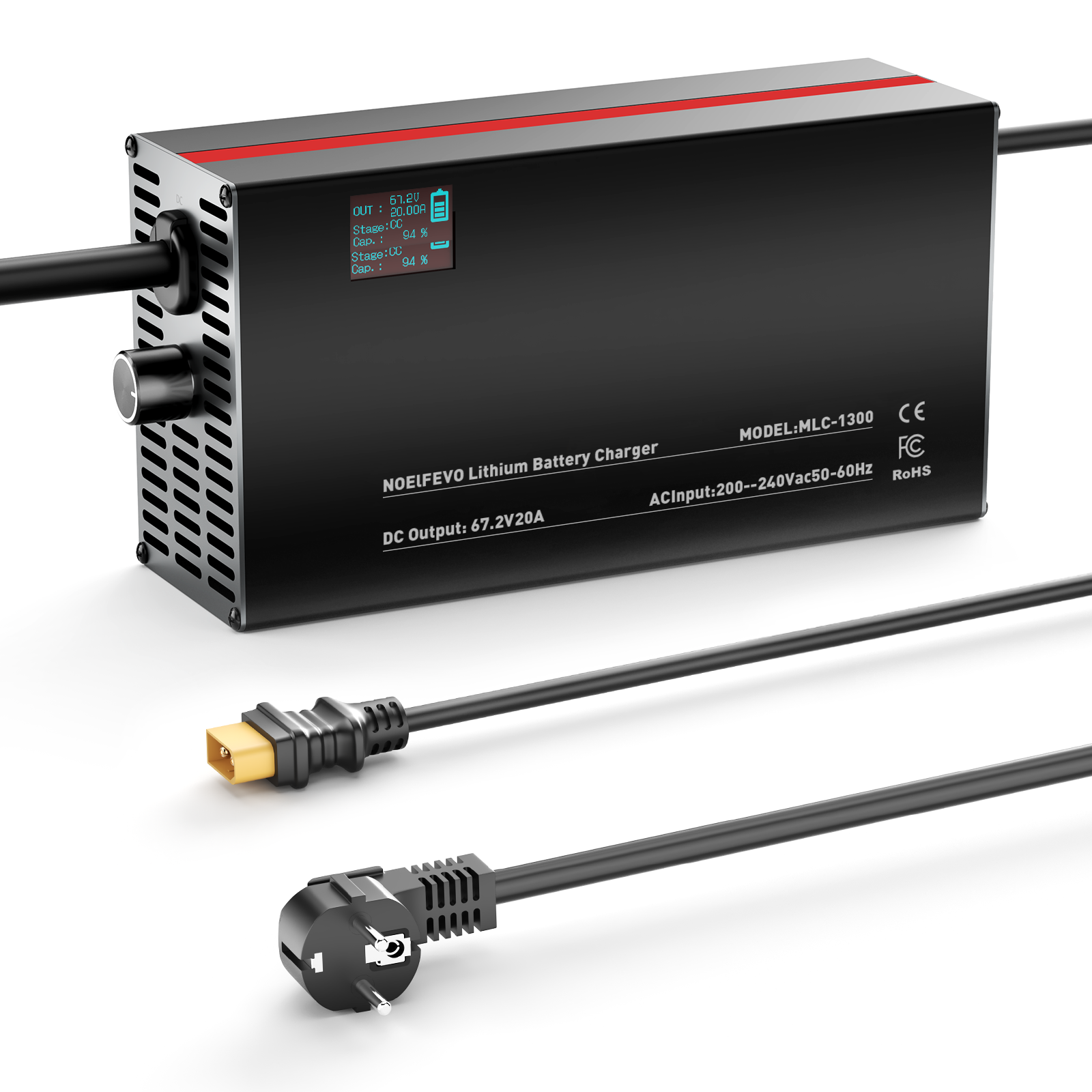 NOEIFEVO 67,2V 2-20A Lithium-Batterijlader voor 59.2V 60V 16S Lithium-Li-Ion-Lipo-batterij, LCD-display, instelbare stroom, lader voor E-bike, scooter, elektromotorfiets