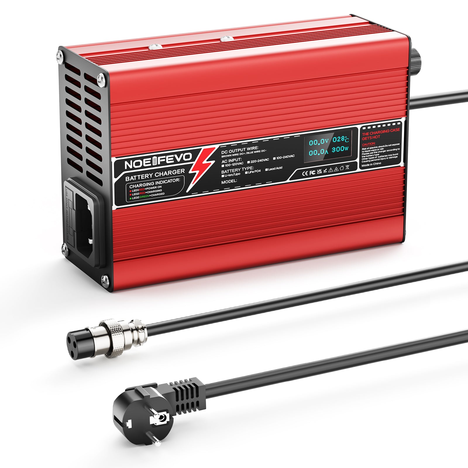 NOEIFEVO 54.6V 2A 2.5A 3A Carregador de Bateria de Lítio para Baterias 13S 48.1V Li-Ion Lipo, Ventilador de Resfriamento, Desligamento Automático (Vermelho)