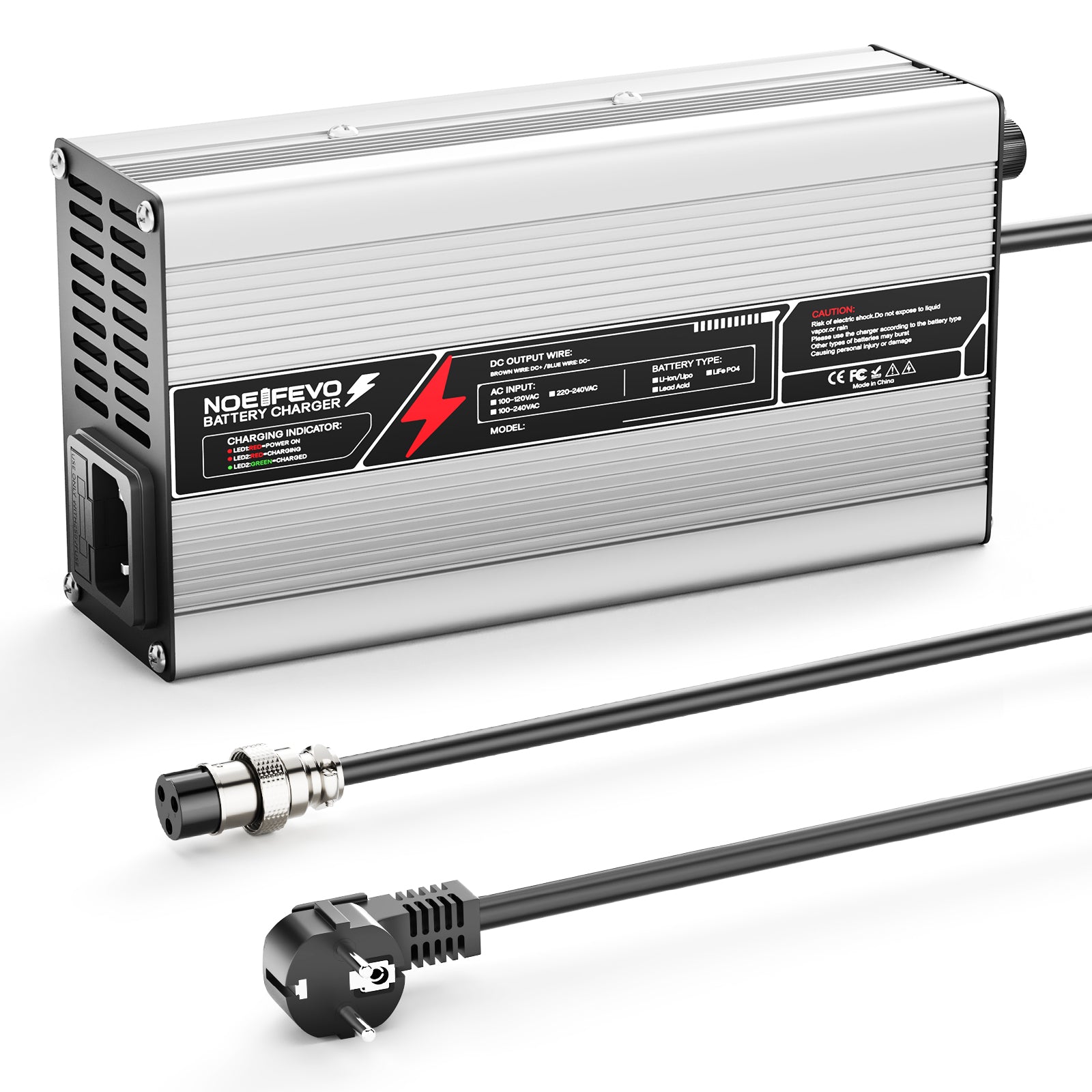 NOEIFEVO 67,2 V 6 A Caricabatterie per batterie al litio 59,2 V (60 V) 16S, spegnimento automatico, corpo in alluminio, con ventilatore (Argento)