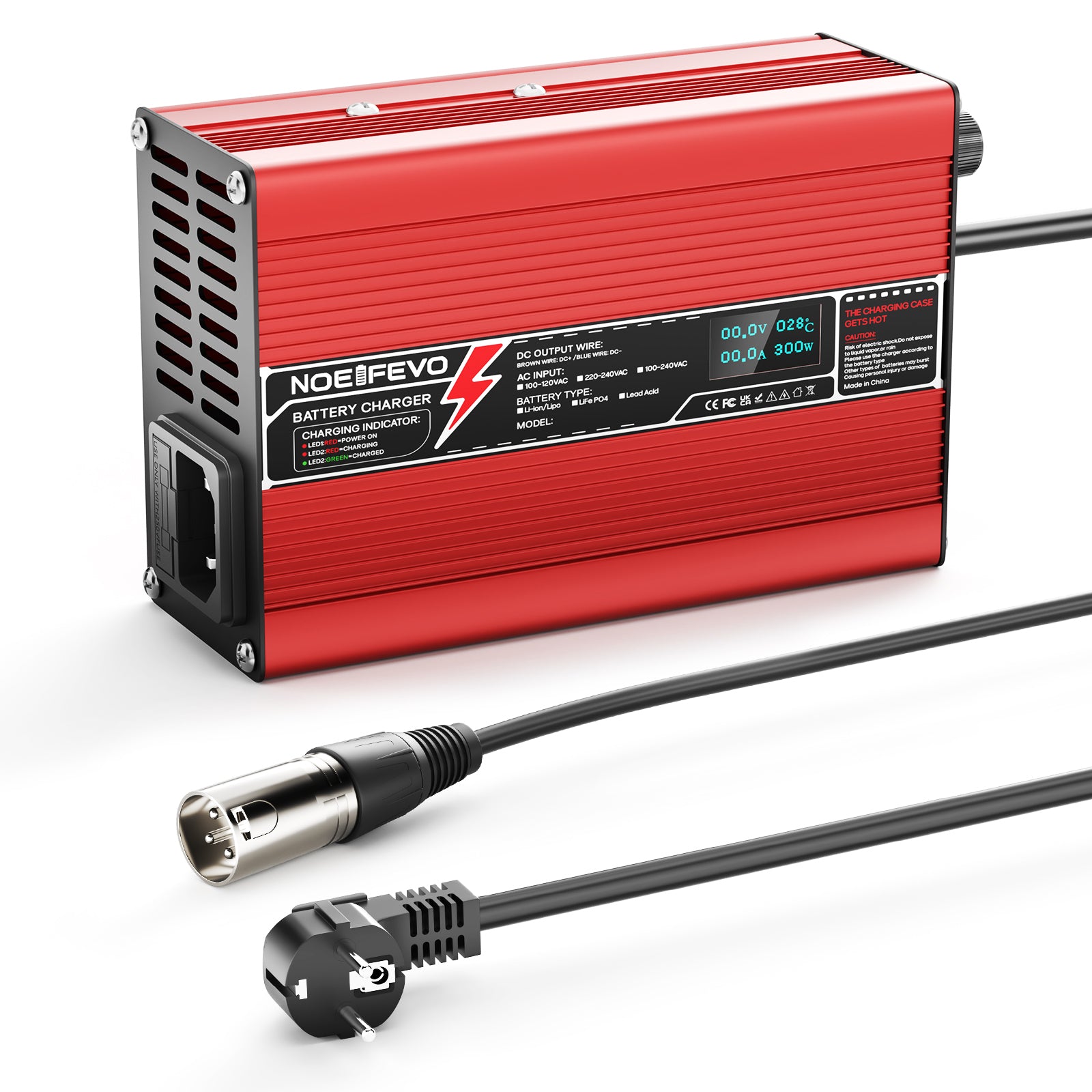 NOEIFEVO 50.4V 2A 2.5A 3A Lithium-Ladegerät für 12S 44.4V Li-Ion Lipo-Batterien, Kühlventilator, automatischer Abschaltung(RED)