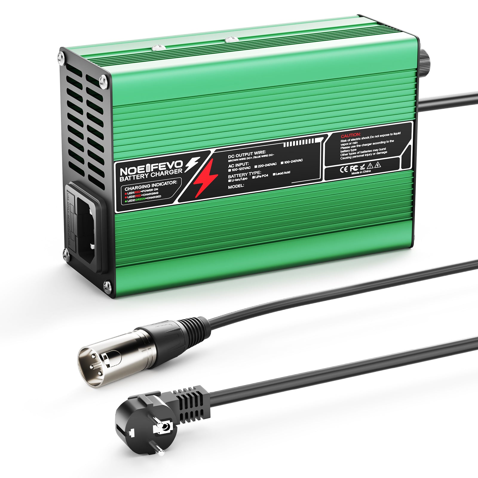 NOEIFEVO 16.8V 10A Litium-laddare för 4S 14.8V Li-Ion Lipo-batterier, kylfläkt, automatisk avstängning (GRÖN)