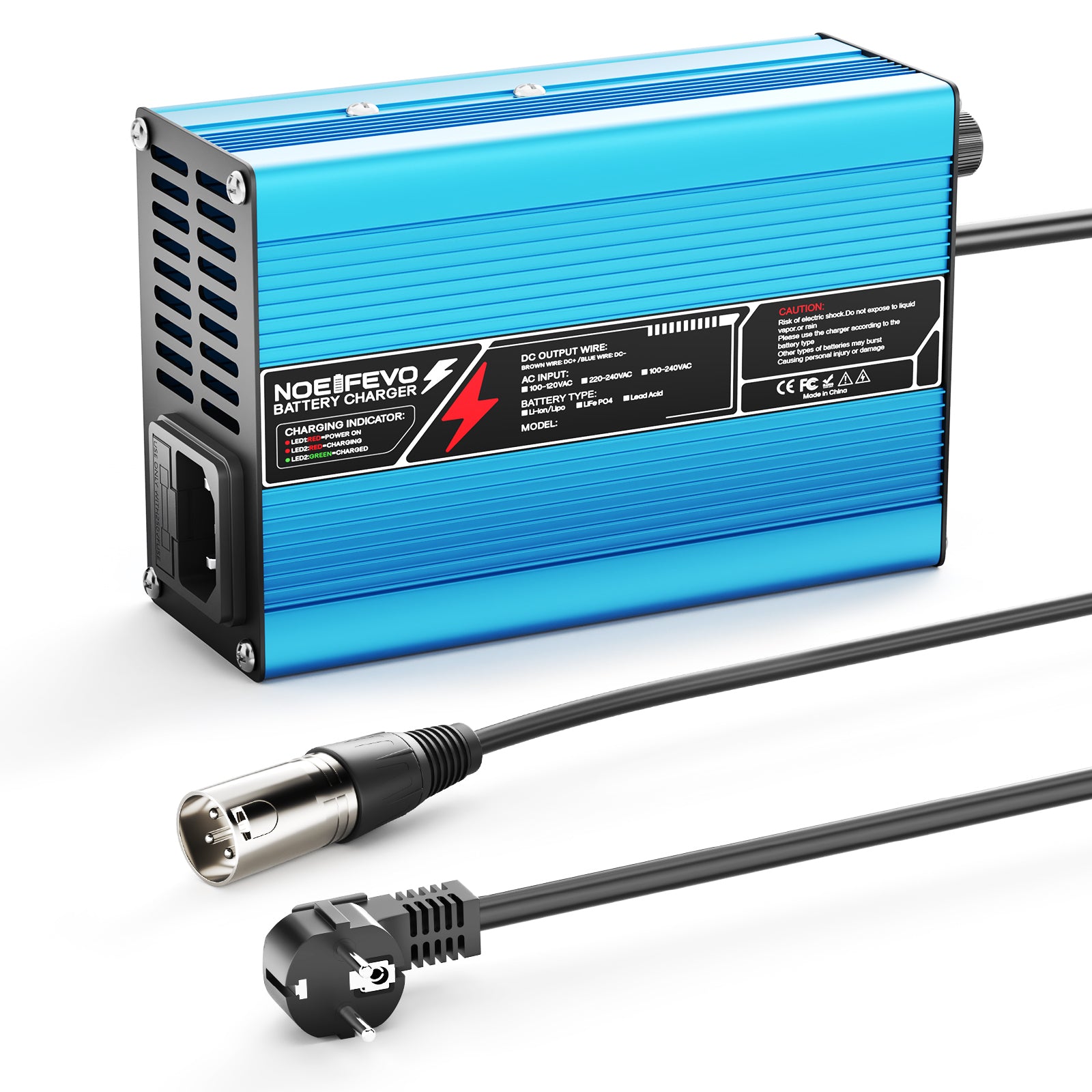 NOEIFEVO 33.6V 2A 3A 4A 5A Carregador de Lítio para Baterias Li-Ion Lipo 8S 29.6V, Ventilador de Resfriamento, Desligamento Automático (AZUL)