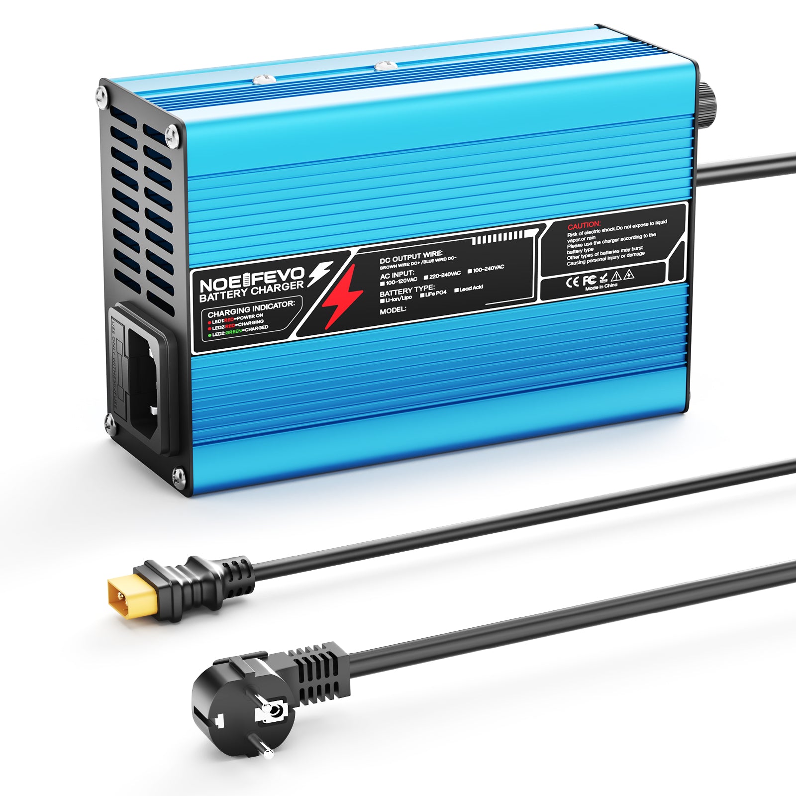 NOEIFEVO 58.8V 3A Lithium-lader til 14S 51.8V Li-Ion Lipo-batterier, køleventilator, automatisk afbrydelse (BLÅ)