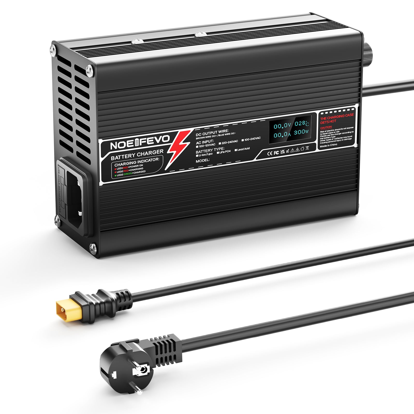 מטען ליתיום NOEIFEVO 46.2V 4A עבור סוללות Li-Ion Lipo 11S 40.7V, עם תצוגת LCD, מאוורר קירור, כיבוי אוטומטי