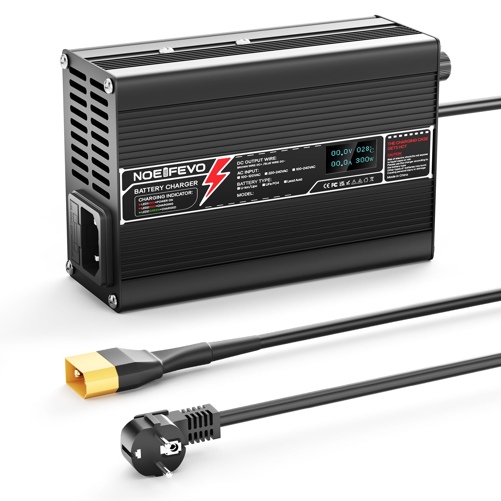 NOEIFEVO מטען ליתיום 29.2V 10A עבור סוללת Li-Ionen Lipo 7S 25.9V, מטען לאופניים חשמליים, תצוגת LED, גוף אלומיניום, מאוורר