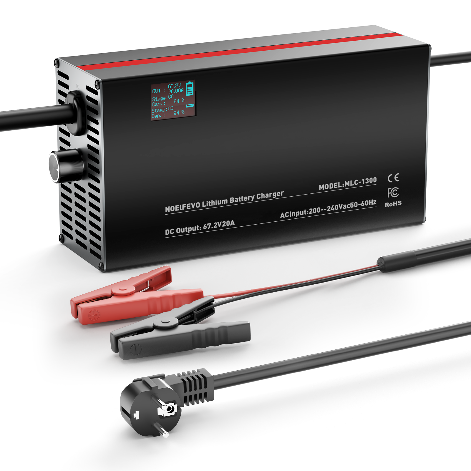 NOEIFEVO 67,2V 2-20A Lithium-Batterijlader voor 59.2V 60V 16S Lithium-Li-Ion-Lipo-batterij, LCD-display, instelbare stroom, lader voor E-bike, scooter, elektromotorfiets