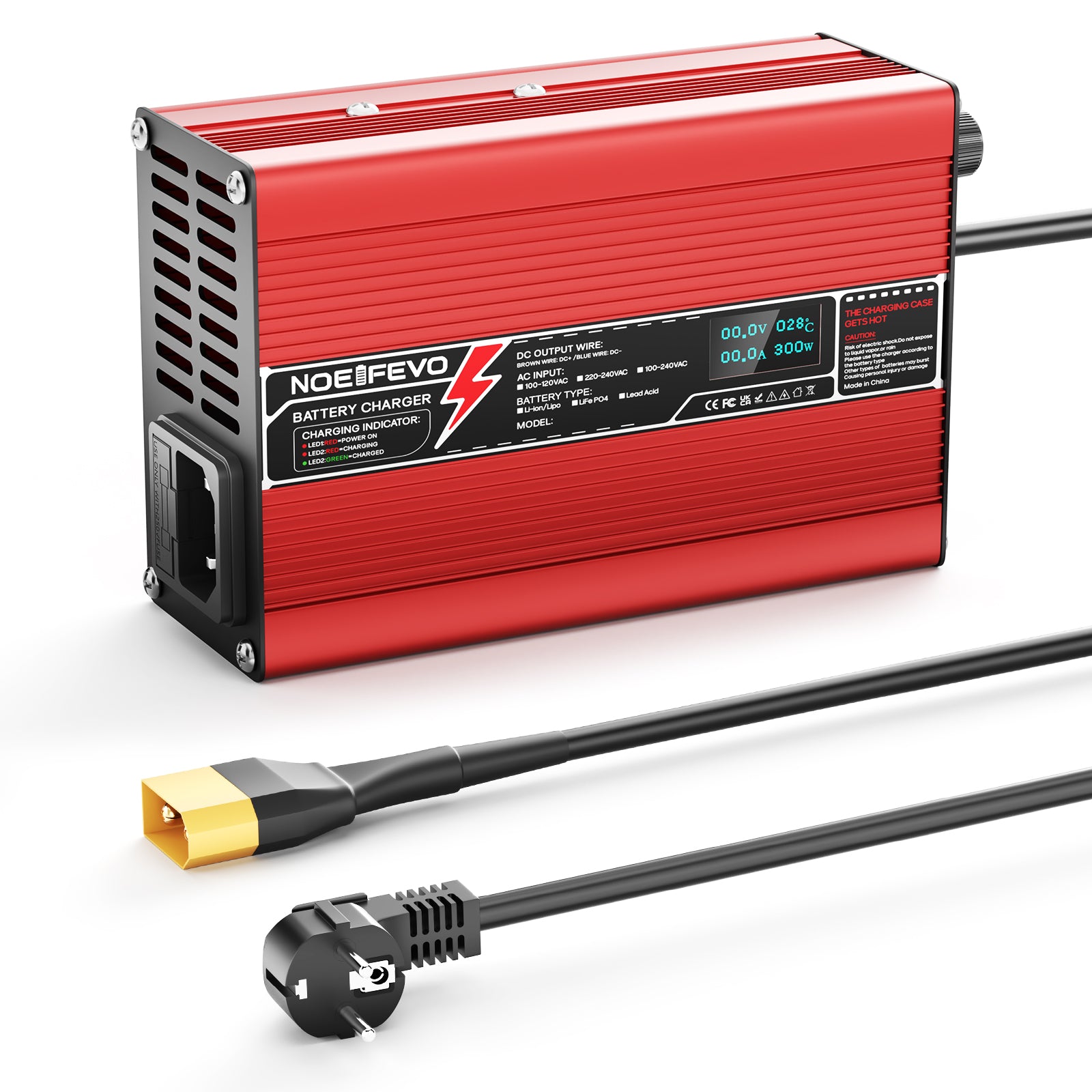 NOEIFEVO 37.8V 2A 3A 3.5A 4A Lithium-Ladegerät für 9S 33.3V Li-Ion Lipo-Batterien, mit LCD-Anzeige, Kühlventilator, automatischer Abschaltung（RED)