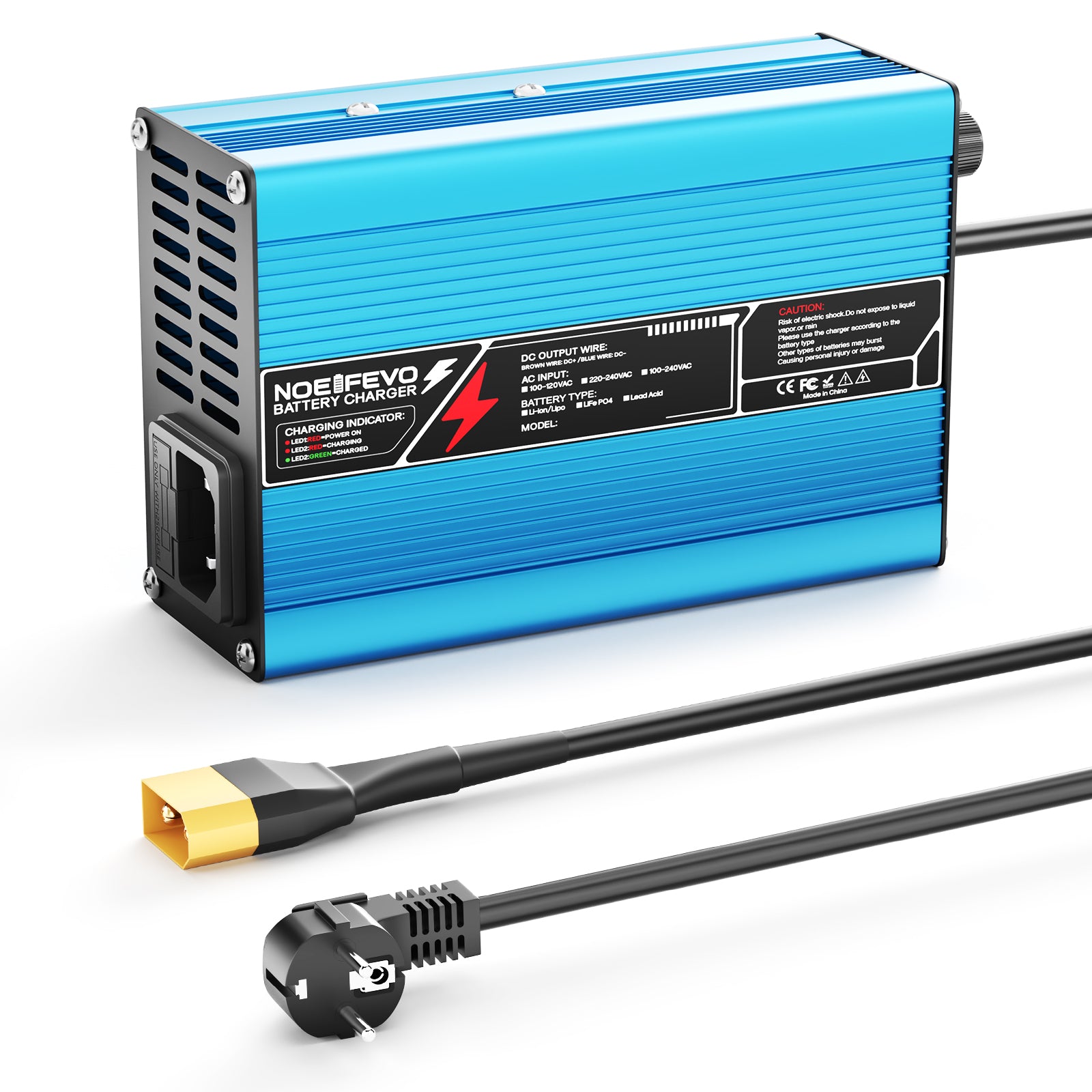 NOEIFEVO 33.6V 2A 3A 4A 5A Carregador de Lítio para Baterias Li-Ion Lipo 8S 29.6V, Ventilador de Resfriamento, Desligamento Automático (AZUL)