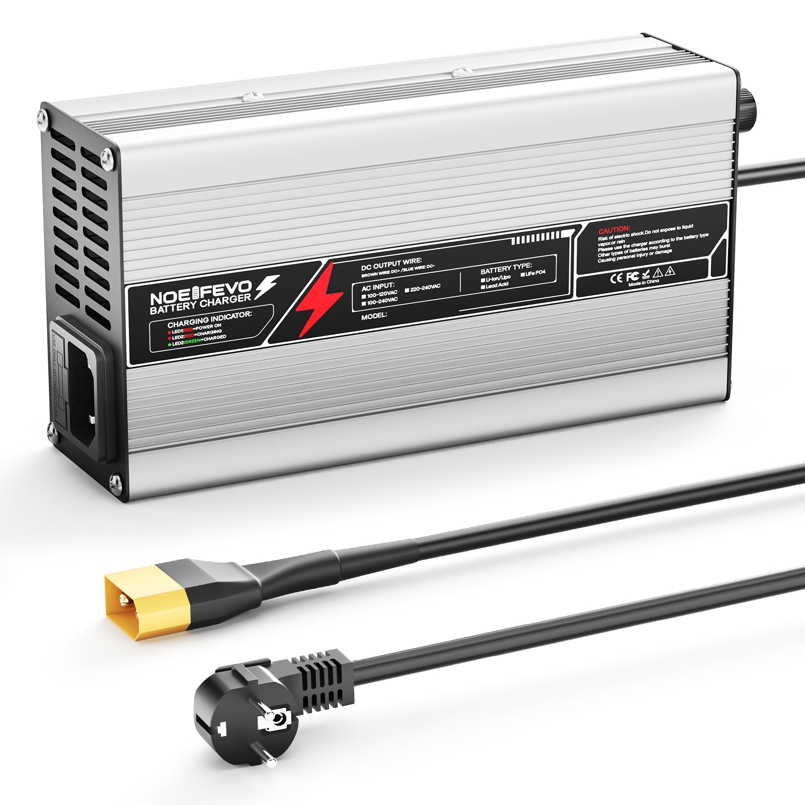 NOEIFEVO 58,8V 8A Lithium-Batterieladegerät für 51,8V(48V) 14S-Batterie, automatische Abschaltung, Aluminiumgehäuse, mit Lüfter (Silber)